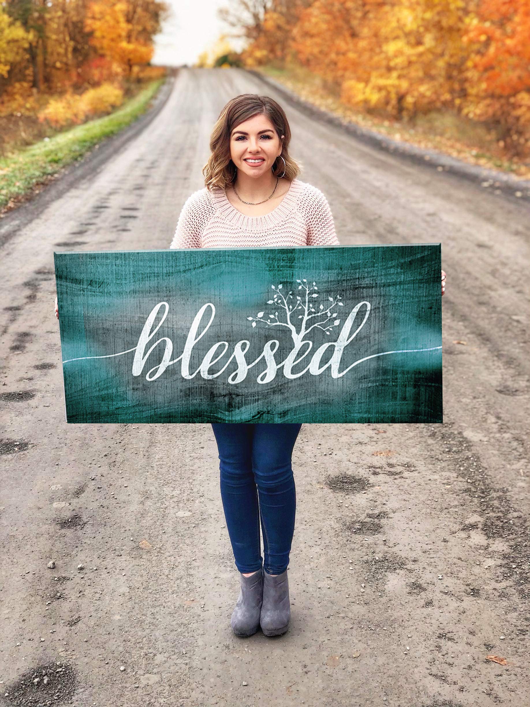 Christian Wall Art - Blessed Sign & Thankful Quotes Religious Wall Decor | 42x19 Inch Teal Blessed Word Sign | Perfect for Home, Church & Office Inspirational Decor
