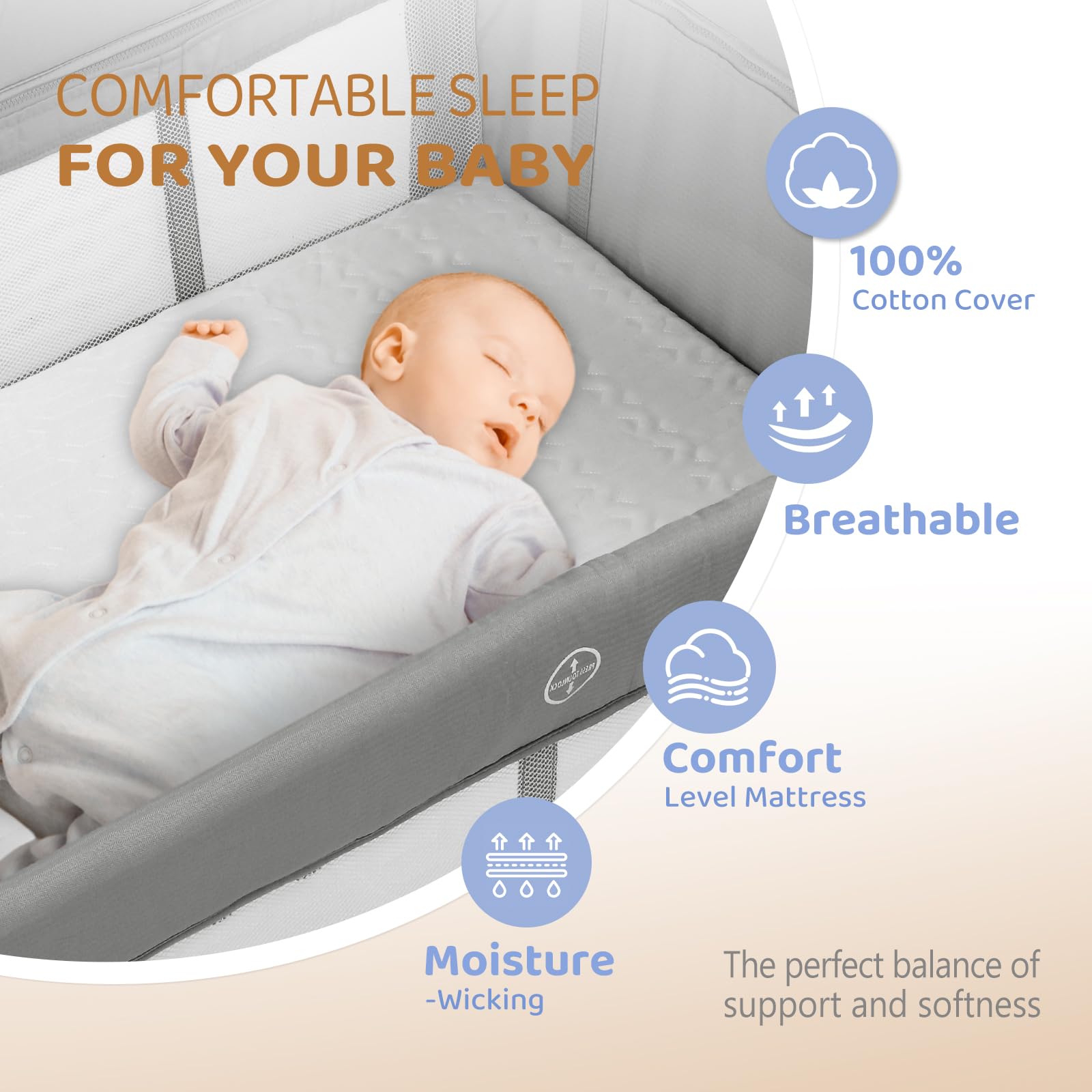 JOYMOR 7-in-1 Baby Bassinet with Changing Table | All-in-One Nursery Center | Bedside Sleeper with Mattress, Sheet & Canopy | Storage Shelf & Hanging Toys | Gray | Perfect for Newborns & Infants in Nursery or Bedroom