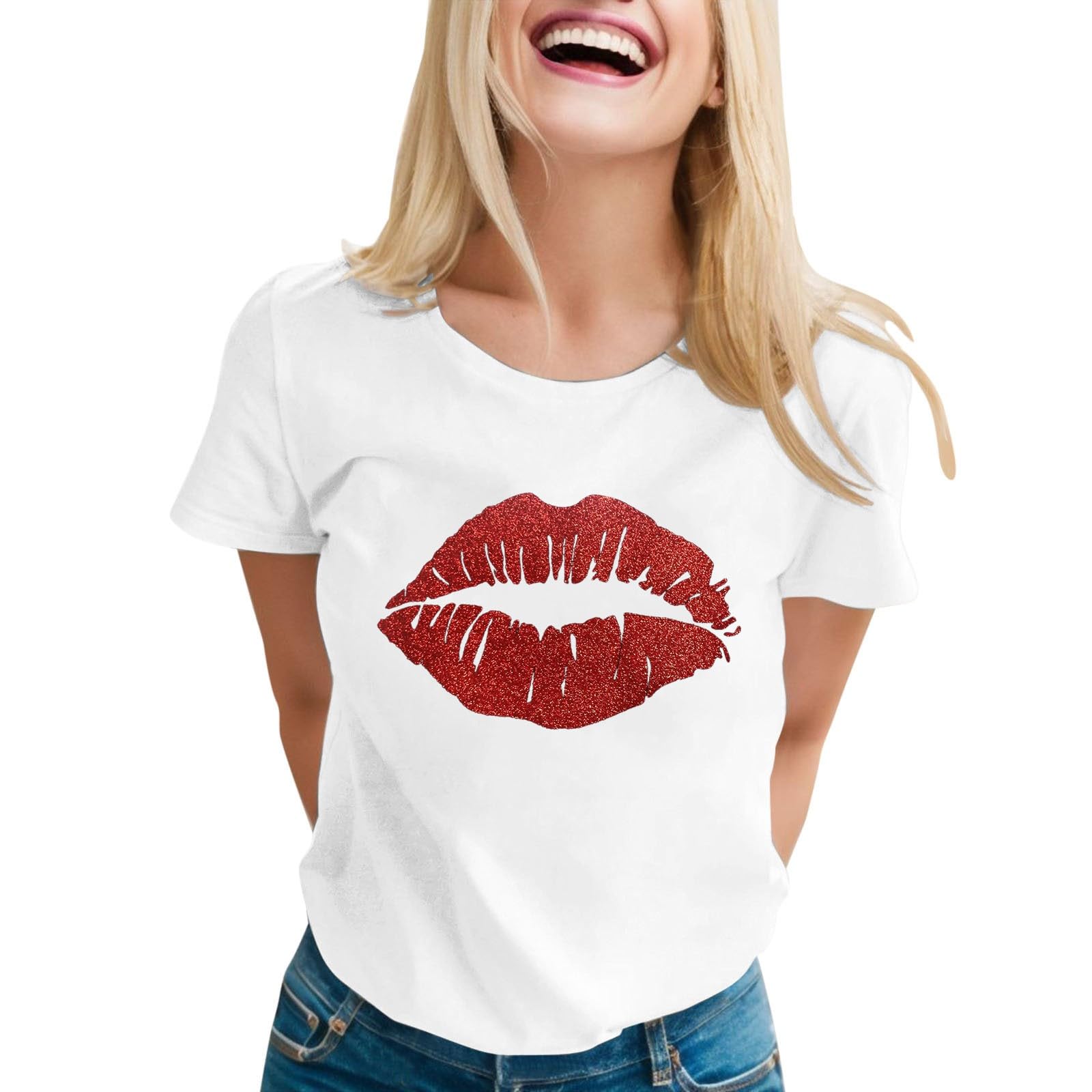 Valentine's Day Red Lip Print Oversized Women's Graphic Tee - Funny Crew Neck Short Sleeve Pullover Top (White, Small) | Cute Gift for Her, Date Night & Casual Outfits