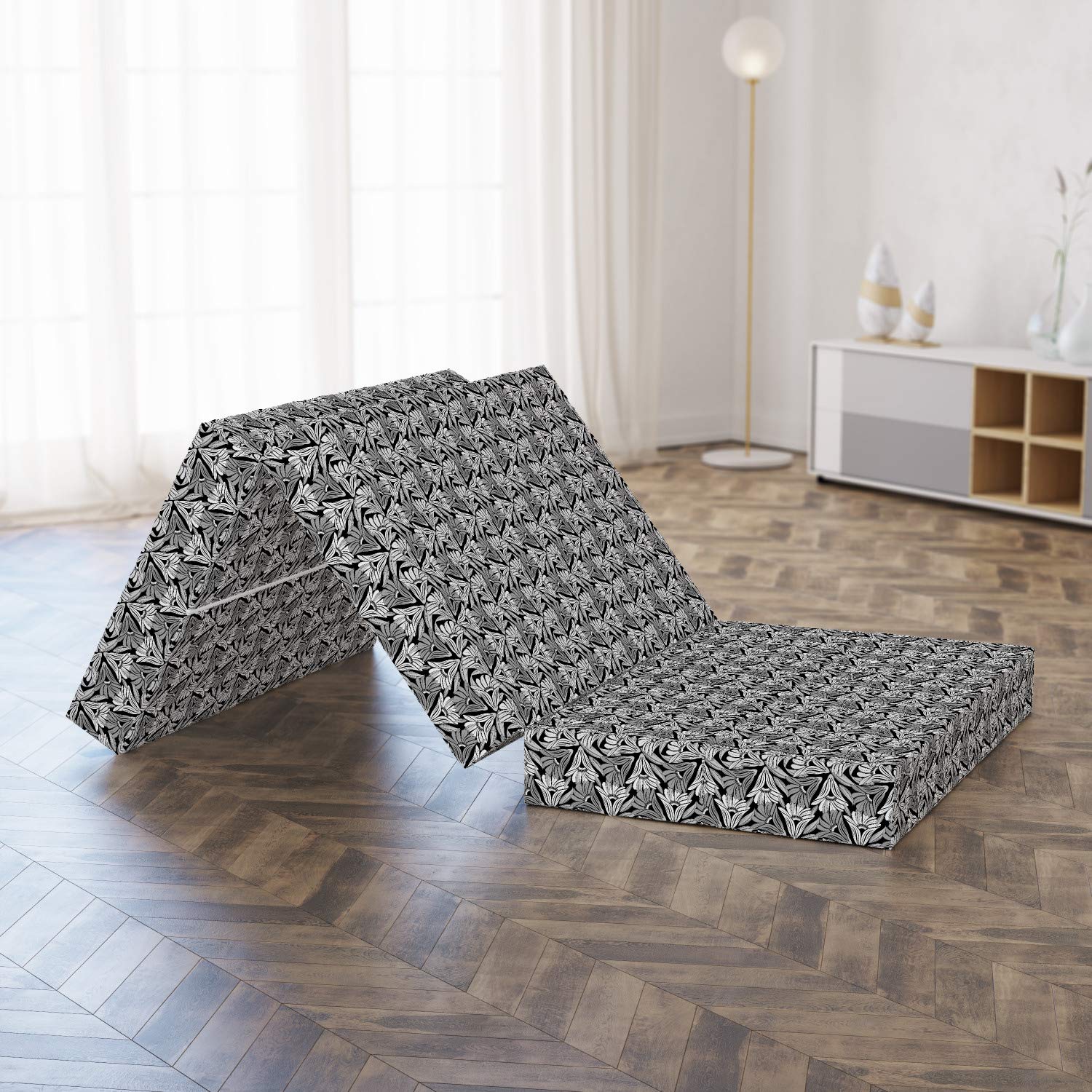 Ambesonne Floral Foldable Mattress - Grey and Charcoal Grey Exotic Flowers Design, 74.8