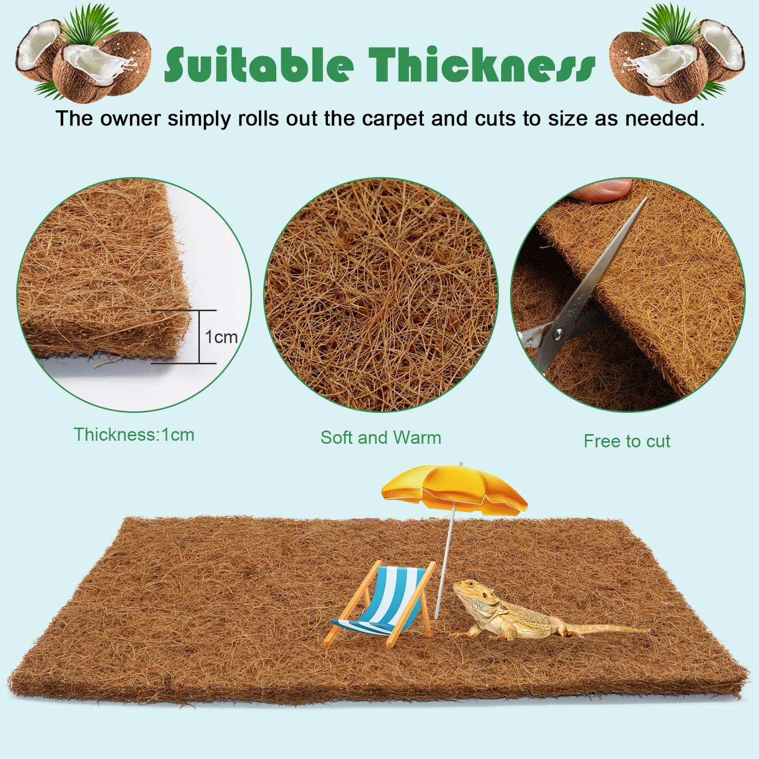 BWOGUE 3-Pack Natural Coconut Fiber Reptile Carpet - Terrarium Liner for Lizards, Snakes, Chameleons, Geckos & Turtles | Soft & Safe Reptile Bedding Mat | Perfect for Reptile Tanks, Habitats & Enclosures