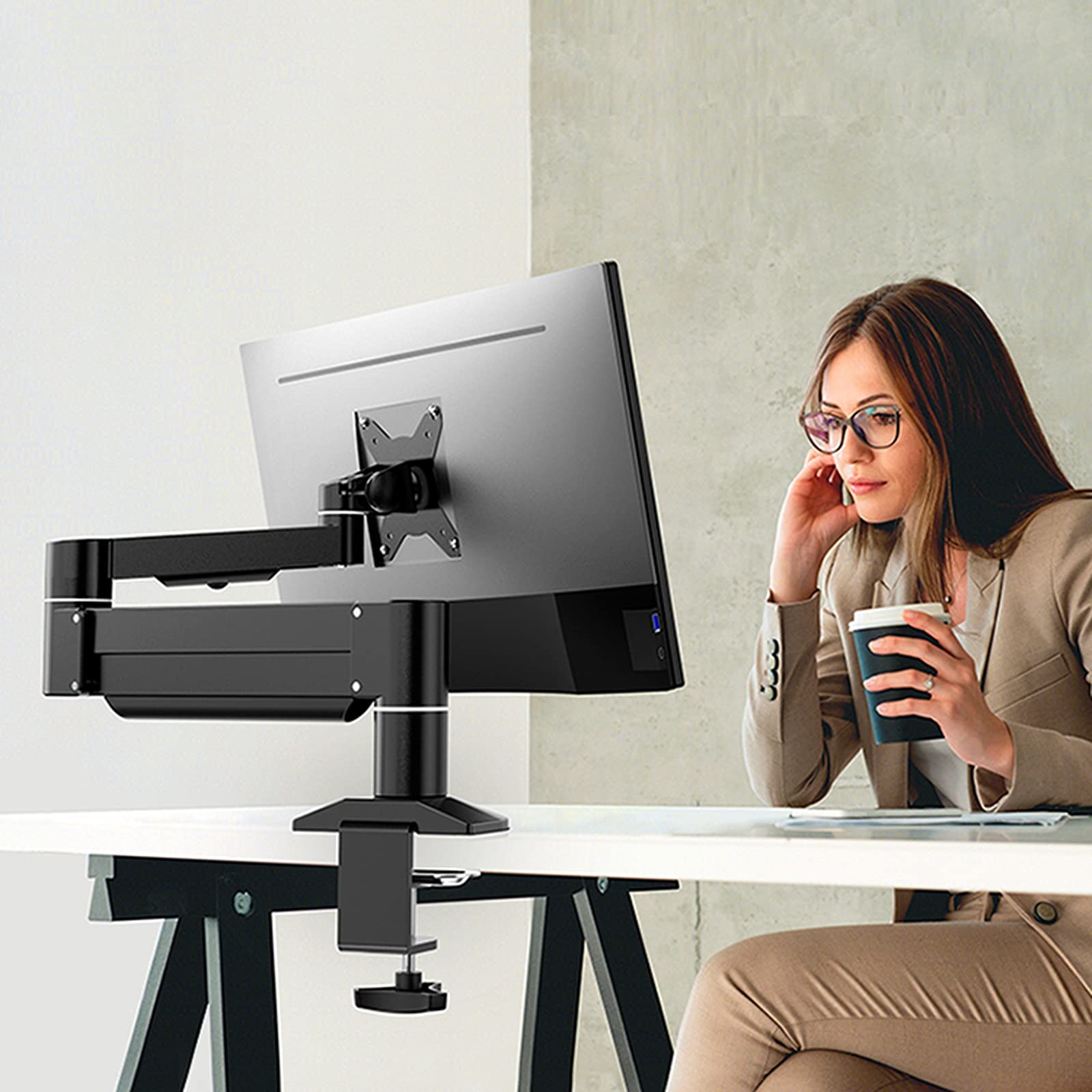 Adjustable Heavy Duty Single Monitor Desk Mount Stand - Ergonomic Robotic Arm for 22 to 43 Inch Flat/Curved Screens (Supports Up to 26.4lbs) - Perfect for Home Office, Gaming Setup & Workspace (White)