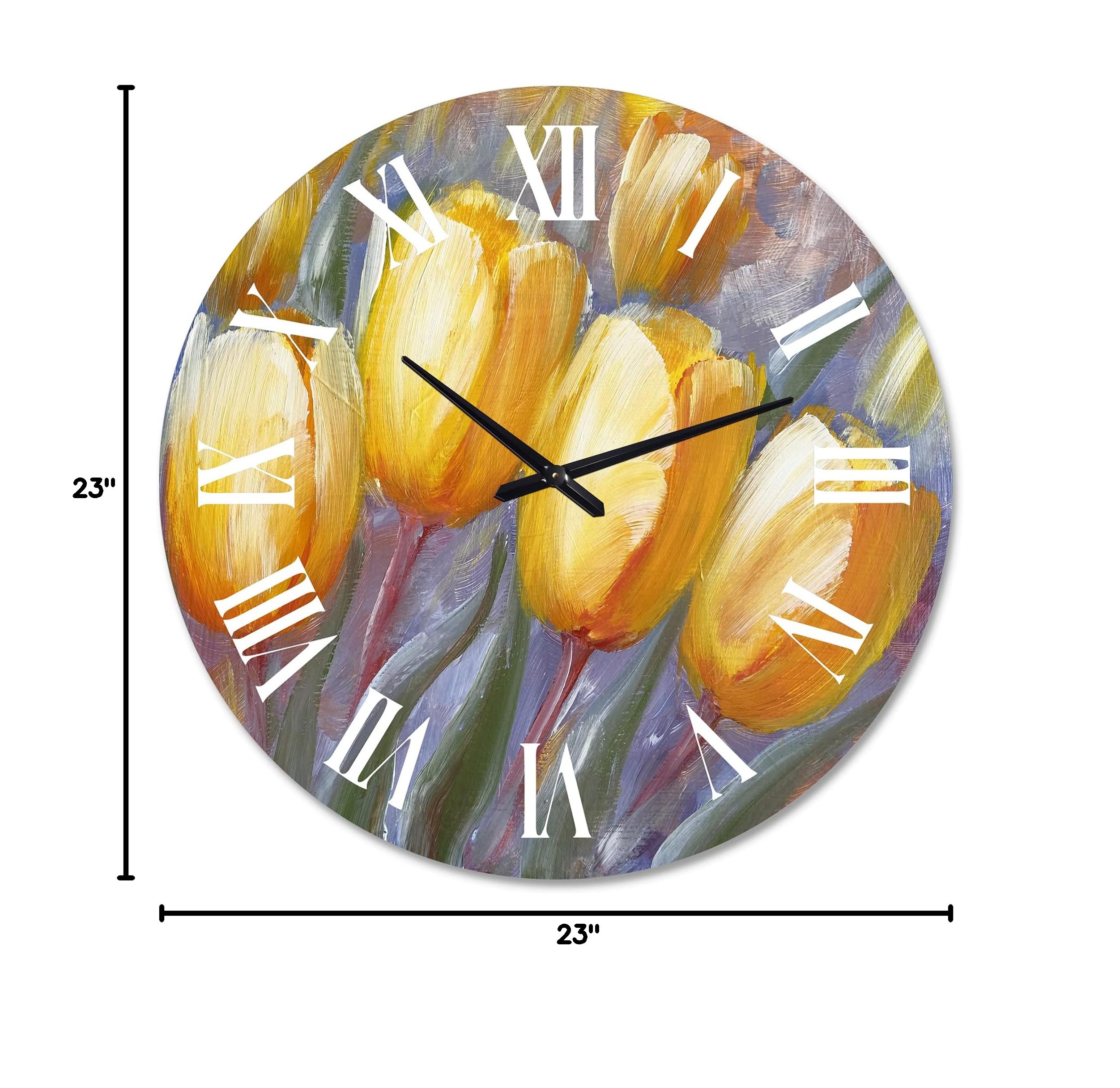 DesignQ Traditional Wall Clock 'Yellow Blooming Tulips' - Large Floral & Botanical Wall Clock for Living Room, Bedroom, Office Decor - Perfect for Home, Kitchen, and Office Spaces