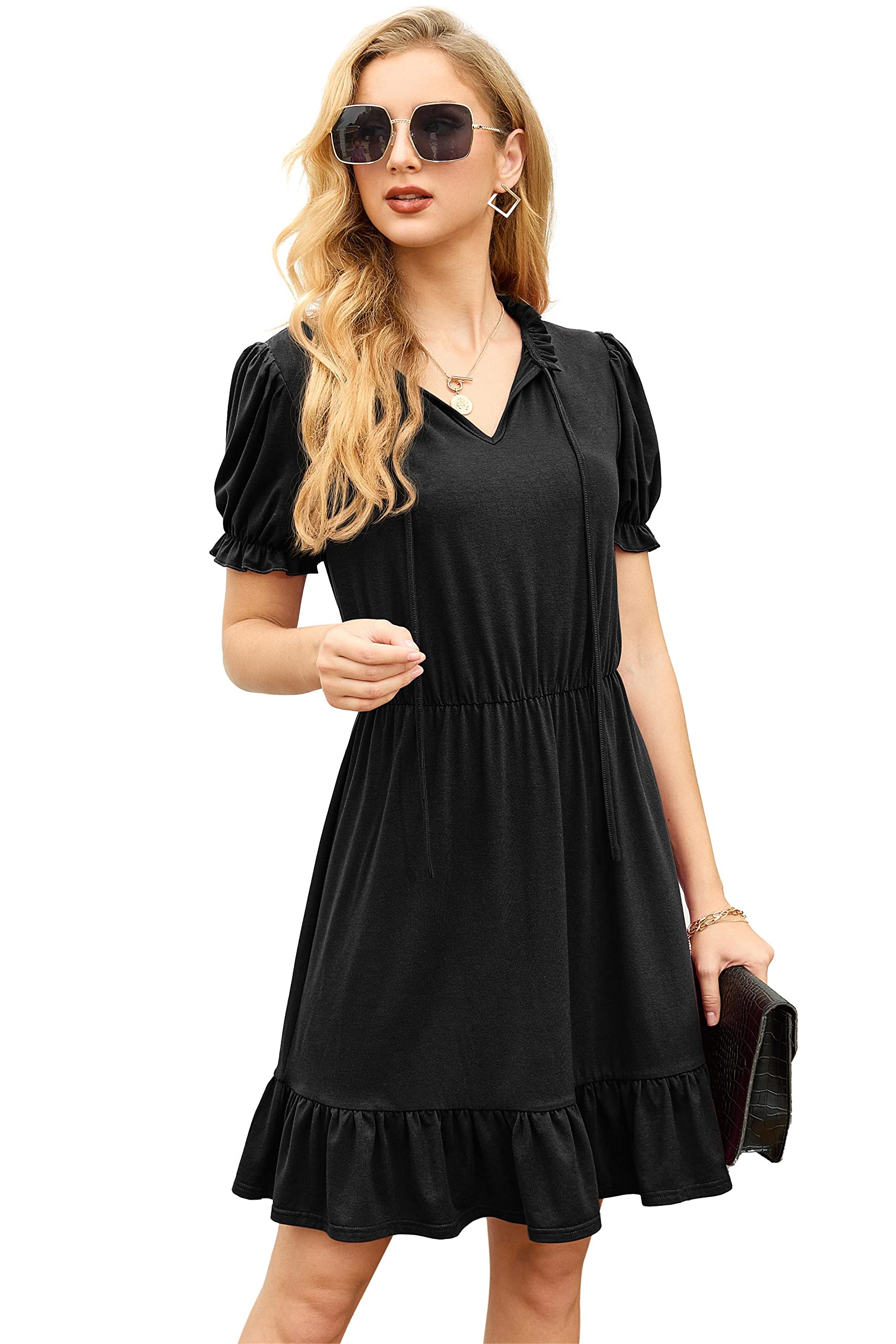 GRECERELLE Women's Casual Summer Dress 2025 - Tie Neck, Ruffle Short Sleeve, High Waist A-Line Mini Dress for Beach, Party & Daily Wear
