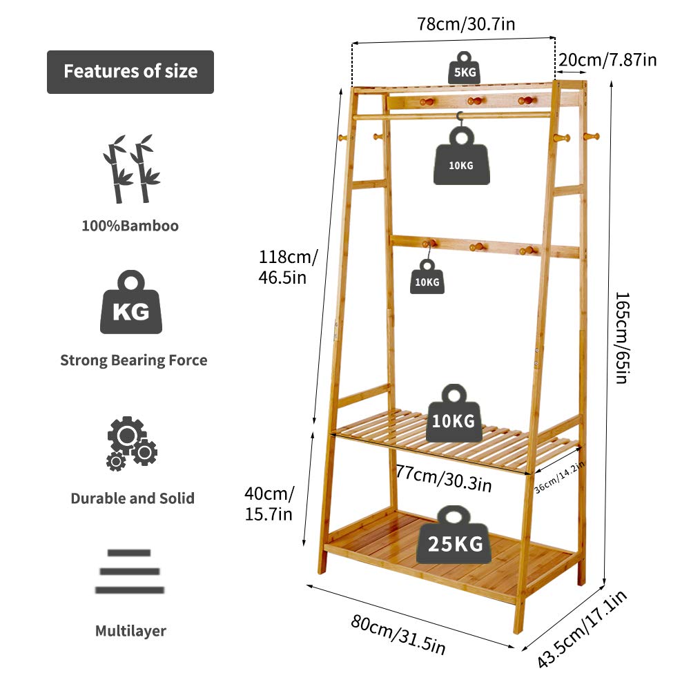 Wooden Floor Standing Clothes Rack - Open Wardrobe Bamboo Coat Hanger with Shoe Rack, Multifunctional Bedroom Clothing Organizer for Jackets, Dresses & Accessories - Perfect for Small Spaces, Dorm Rooms & Closet Organization