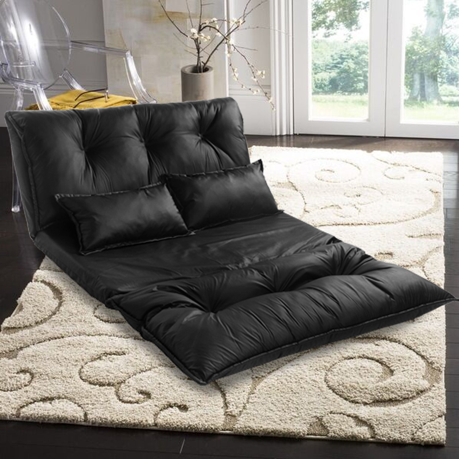 YSKWA Adjustable Floor Couch Sofa - 5 Reclining Positions, Foldable Chaise Lounge with 2 Pillows - Leather Floor Mattress for Living Room, Bedroom & Dorm - Perfect for Relaxing, Reading & Watching TV (Black)