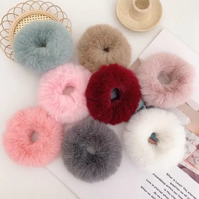 Sweet Girls Soft Plush Hair Scrunchies - 12 Pack Fluffy Korean Style Elastic Hair Ties for Baby, Kids & Women - Trendy Fashion Accessories for School, Work, Party & Everyday Use