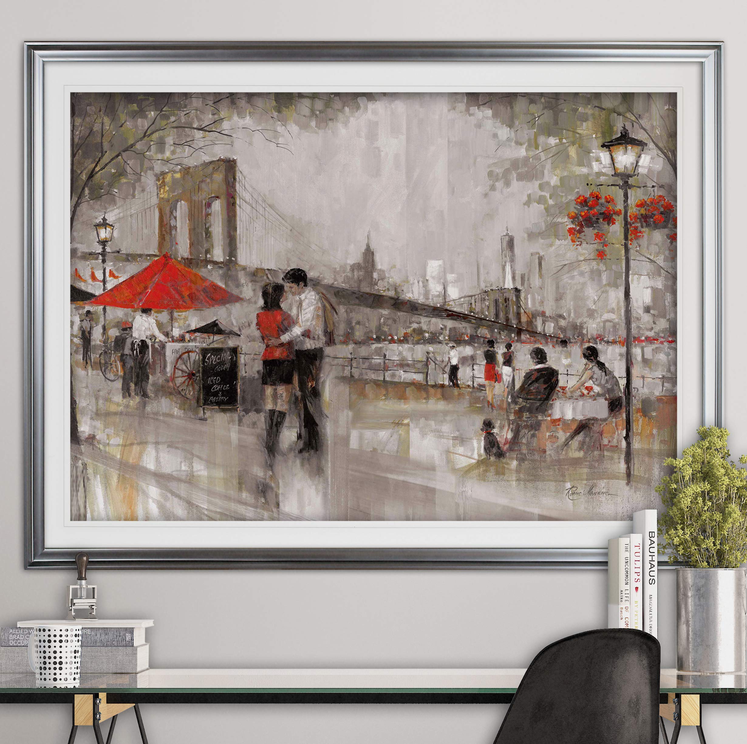 Romantic Brooklyn Bridge Wall Art - Framed Scenic Landscape Giclee Canvas Print | New York City Painting for Home & Office Decor | Perfect Gift for Anniversary & Wedding