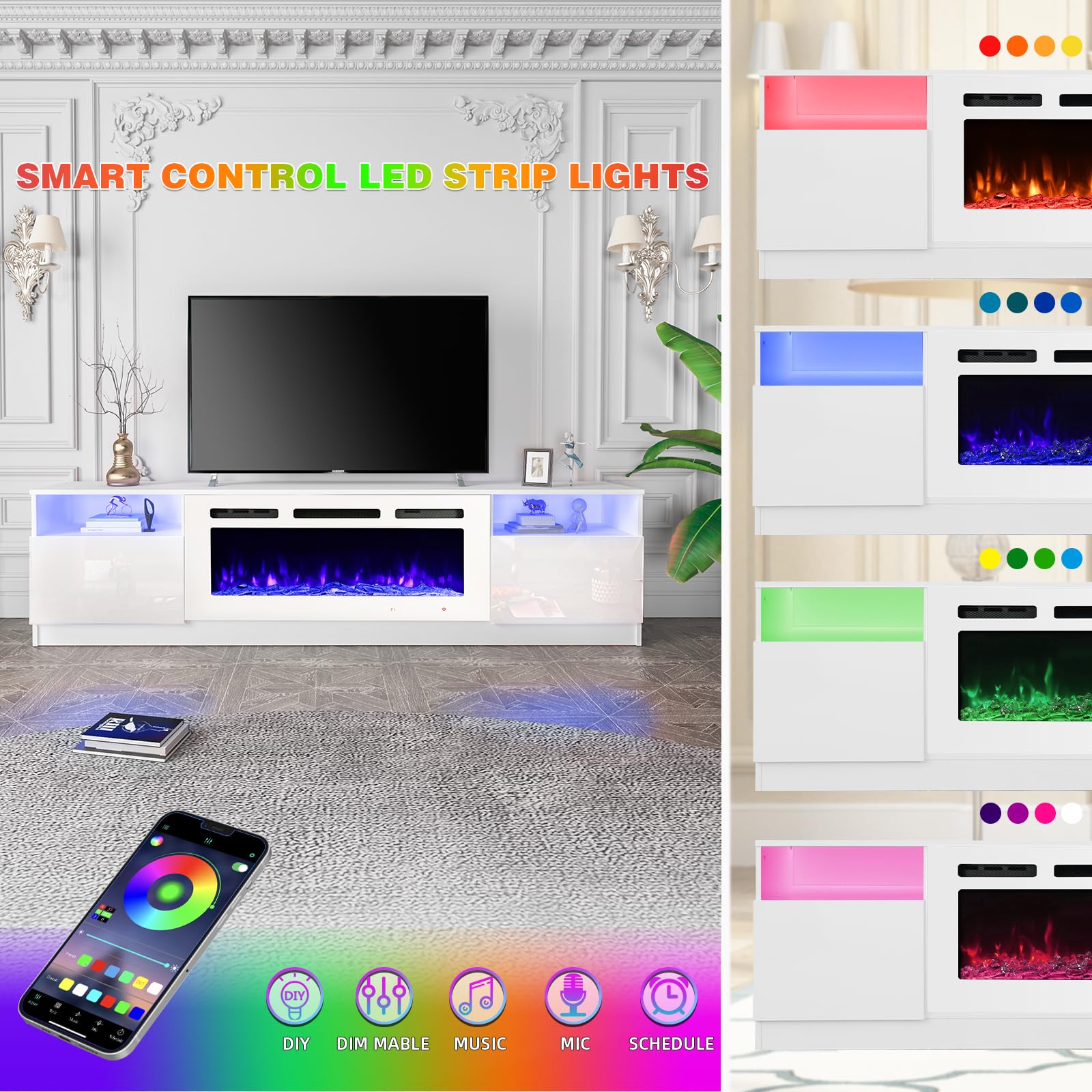80'' Fireplace TV Stand with 40'' Electric Fireplace Heater - 16 Color LED Lights & 12 Flame Effects - Entertainment Center for TVs up to 90'' - Modern White TV Console for Living Room - Perfect for Home Theater Setup & Cozy Winter Nights