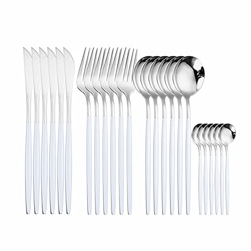 24-Piece Stainless Steel Silverware Flatware Set - Fork, Spoon, Knife Cutlery Dinnerware in Eco-Friendly Gift Box (White Silver, 6 Sets) - Perfect for Restaurants, Weddings, Dinner Parties & Home Use