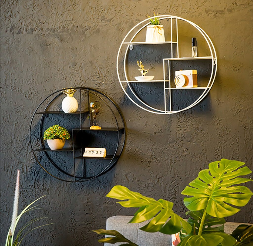 Round Wrought Iron Floating Shelf - Decorative Wall Mounted Shelf for Living Room, Dining Room, Home Decor - 50x50cm Black Metal Partition Shelf - Perfect for Displaying Photos, Plants & Decor Items