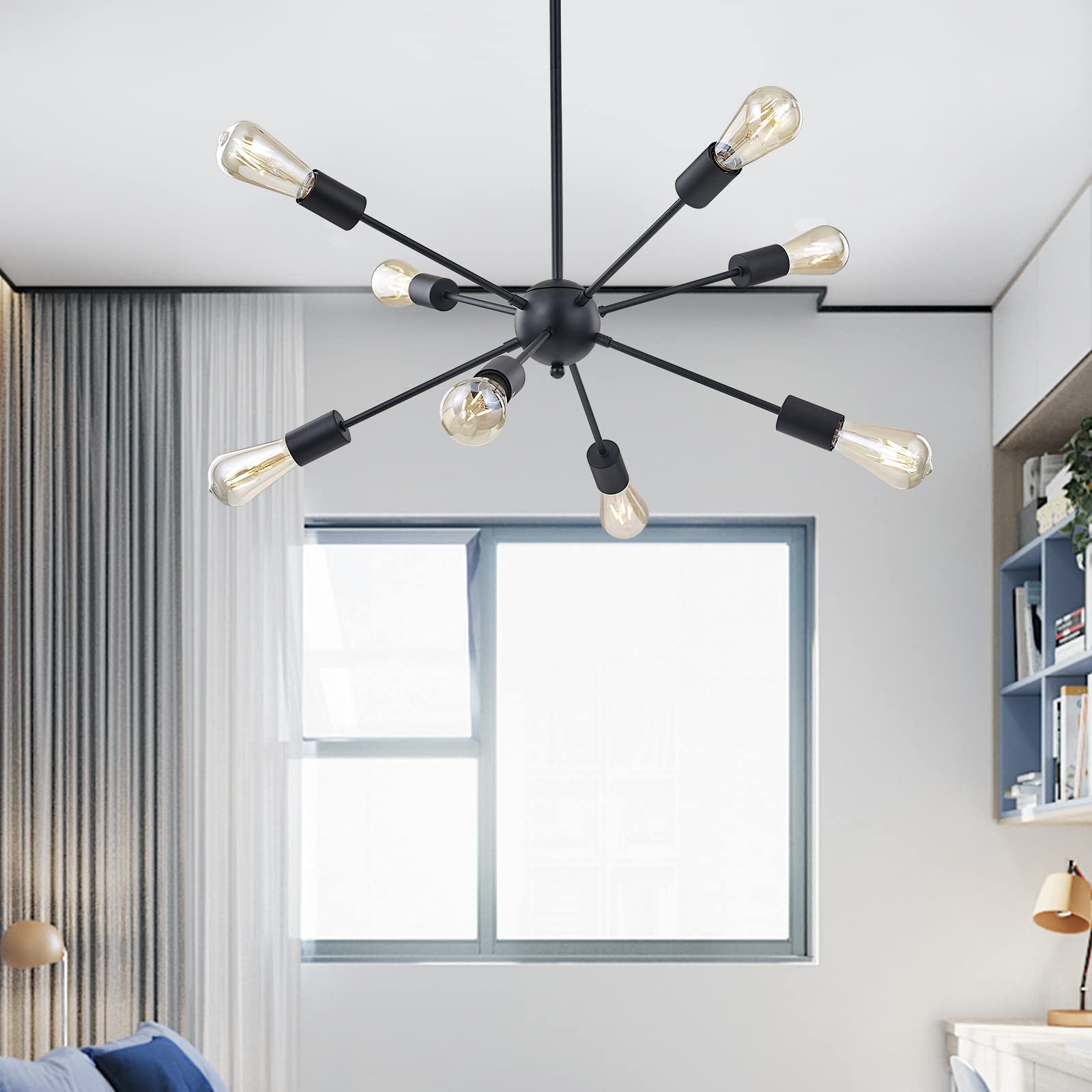 BONLICHT Modern Sputnik Chandelier - 8-Light Industrial Vintage Flush Mount Ceiling Light, Black Starburst Chandelier, Mid-Century Pendant Lighting for Kitchen, Dining Room, Bedroom, Hallway - Perfect for Farmhouse, Loft & Industrial Decor