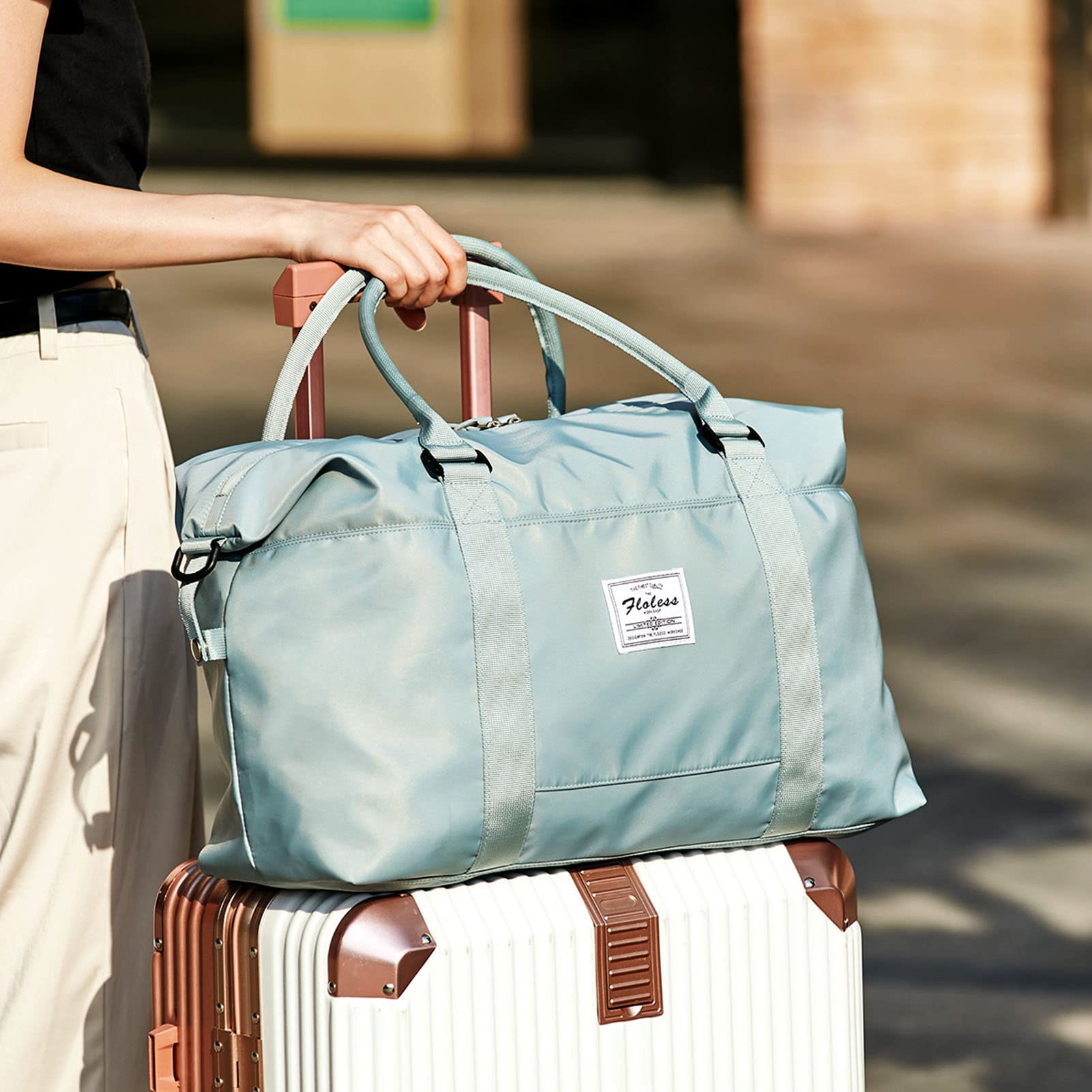 LANBX Women's Travel Gym Bag - Light Blue Tote Carry On Luggage, Sports Duffle & Weekender Overnight Bag with Wet Pocket | Perfect for Workouts, Yoga, Travel & Gym