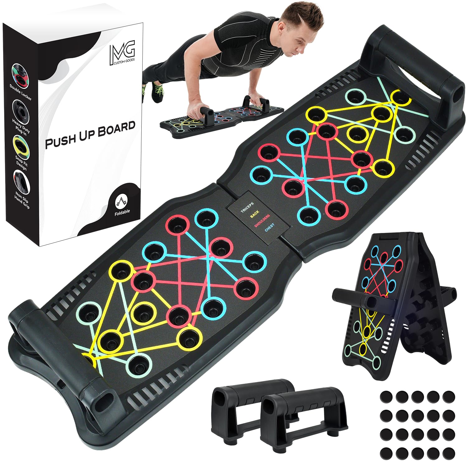 MG Multi-Function Foldable Push Up Board with Handles - Home Gym Equipment for Strength Training (Includes 5 Resistance Bands & Jump Rope) - Perfect for Full-Body Workouts at Home, Office or Travel