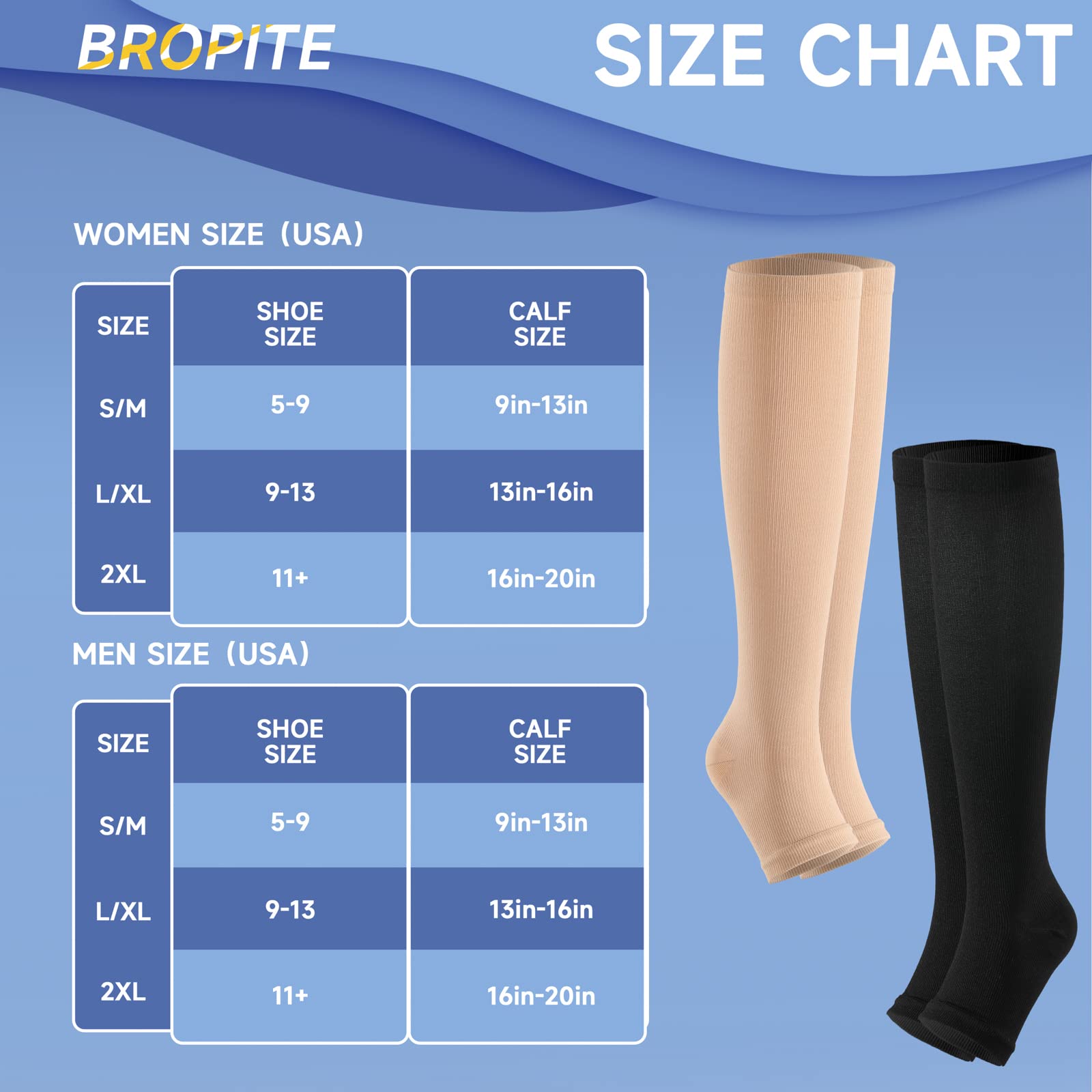 Bropite Open Toe Zipper Compression Socks - 2 Pairs Knee High Support Stockings for Walking, Running, Hiking & Sports - Ideal for Athletes, Travelers & Nurses