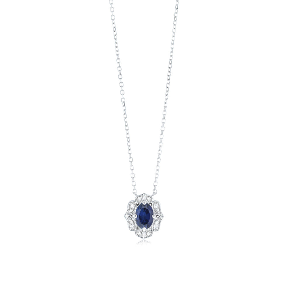 0.50 Carat Lab-Created Blue Sapphire & Diamond Oval Pendant Necklace - 45cm 9ct White Gold Chain for Women - Perfect for Weddings, Anniversaries & Special Occasions