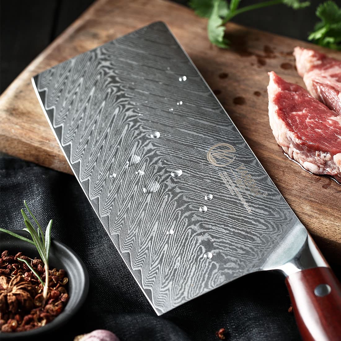 YARENH 7 Inch Damascus Chinese Cleaver Knife - 67 Layer High Carbon Stainless Steel Chef Knife, Ultra Sharp & Rust Resistant with African Sandalwood Handle (Gift Box Included) - Perfect for Slicing, Dicing & Chopping Vegetables, Meat & Herbs