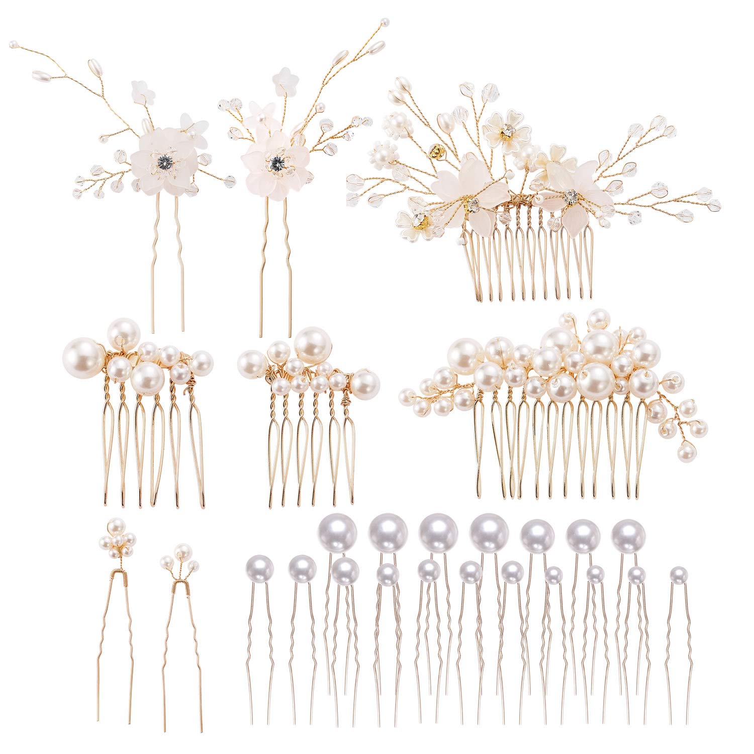 26 Pack Gold Flower Pearl Wedding Hair Combs & U-Pins - Rhinestone Crystal Bridal Hair Accessories for Women, Bridesmaids, Girls - Perfect for Weddings, Prom, Parties & Special Occasions