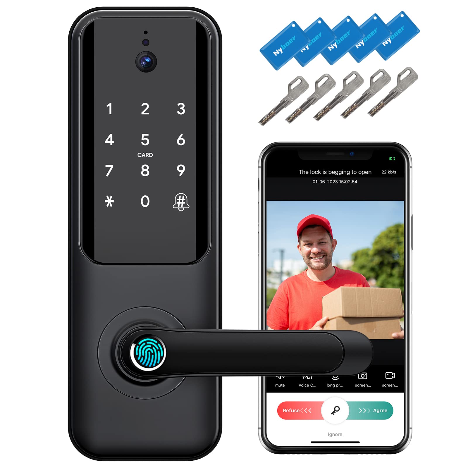 Nyboer WiFi Smart Lock with Camera - 2-in-1 Video Doorbell & Fingerprint Keyless Entry Door Lock | Keypad Digital Door Lock with Handle | APP Remote Control for Front Door Security | Perfect for Smart Homes, Apartments & Vacation Rentals