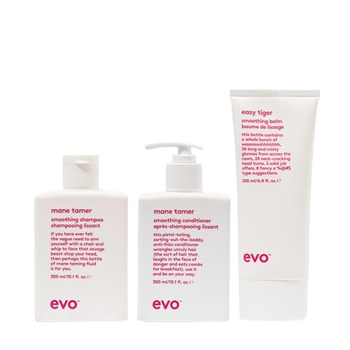 EVO Smoothing Hair Care Essentials Bundle - Mane Tamer Smoothing Shampoo & Conditioner with Easy Tiger Smoothing Balm for Frizz Control & Silky Hair | Perfect for Dry, Damaged & Curly Hair Types at Home or Salon Use