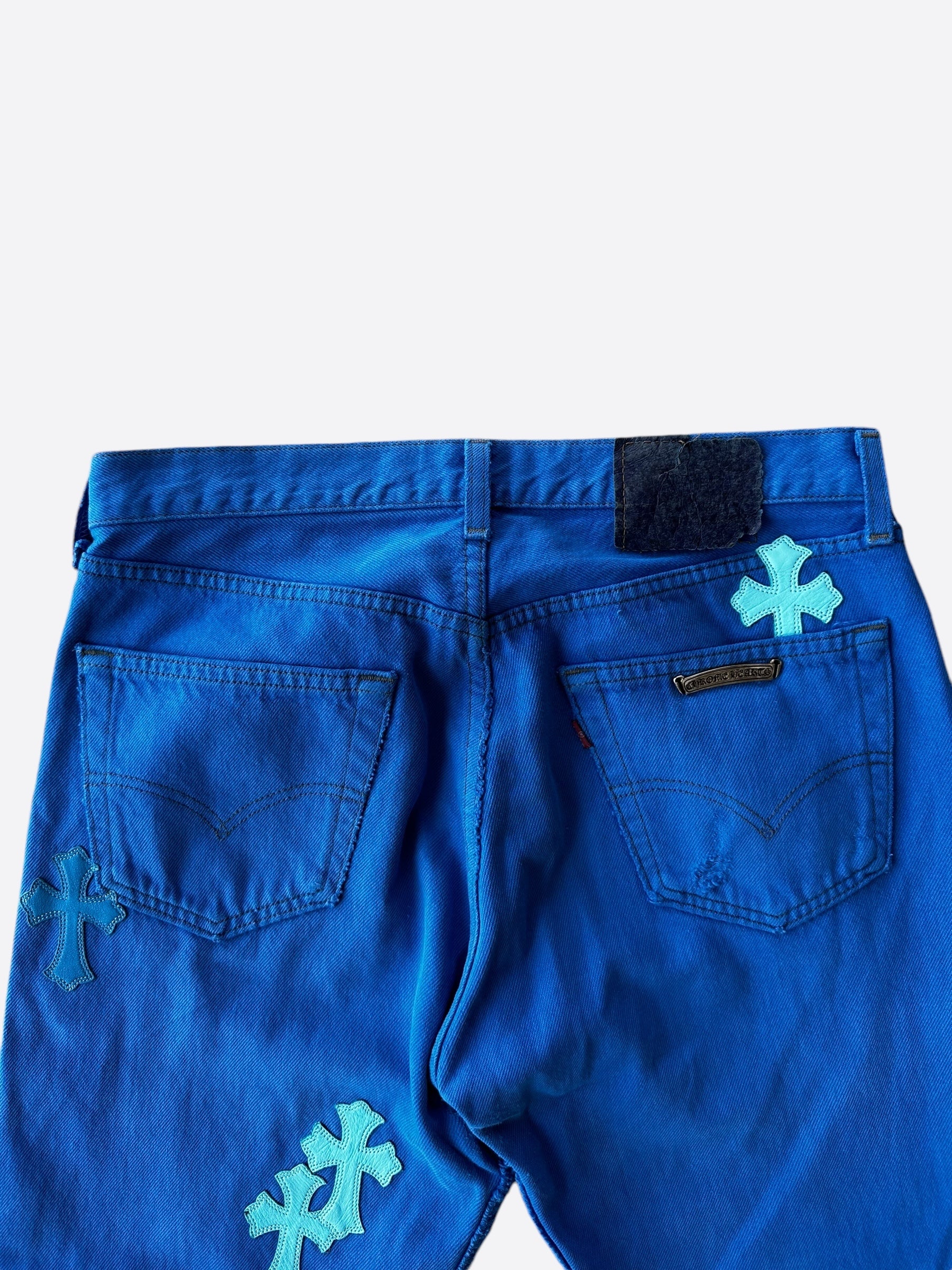 Chrome Hearts x Levi's Blue Dyed Cross Patch Jeans for Men - Stylish Distressed Denim Pants for Casual Wear & Street Fashion