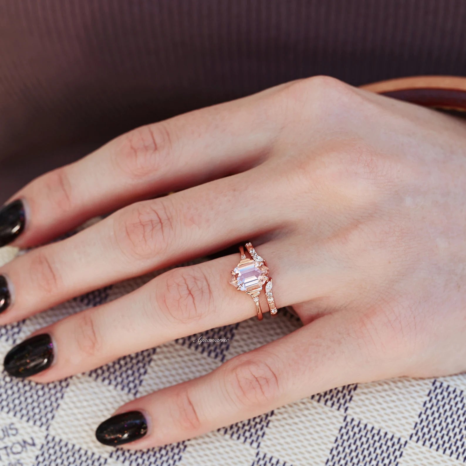 Hexagon Morganite Couples Ring - 14K Gold Plated Wedding Band for Women & Men, Romantic Anniversary Gift for Her/Him, Perfect for Engagements, Weddings & Special Occasions