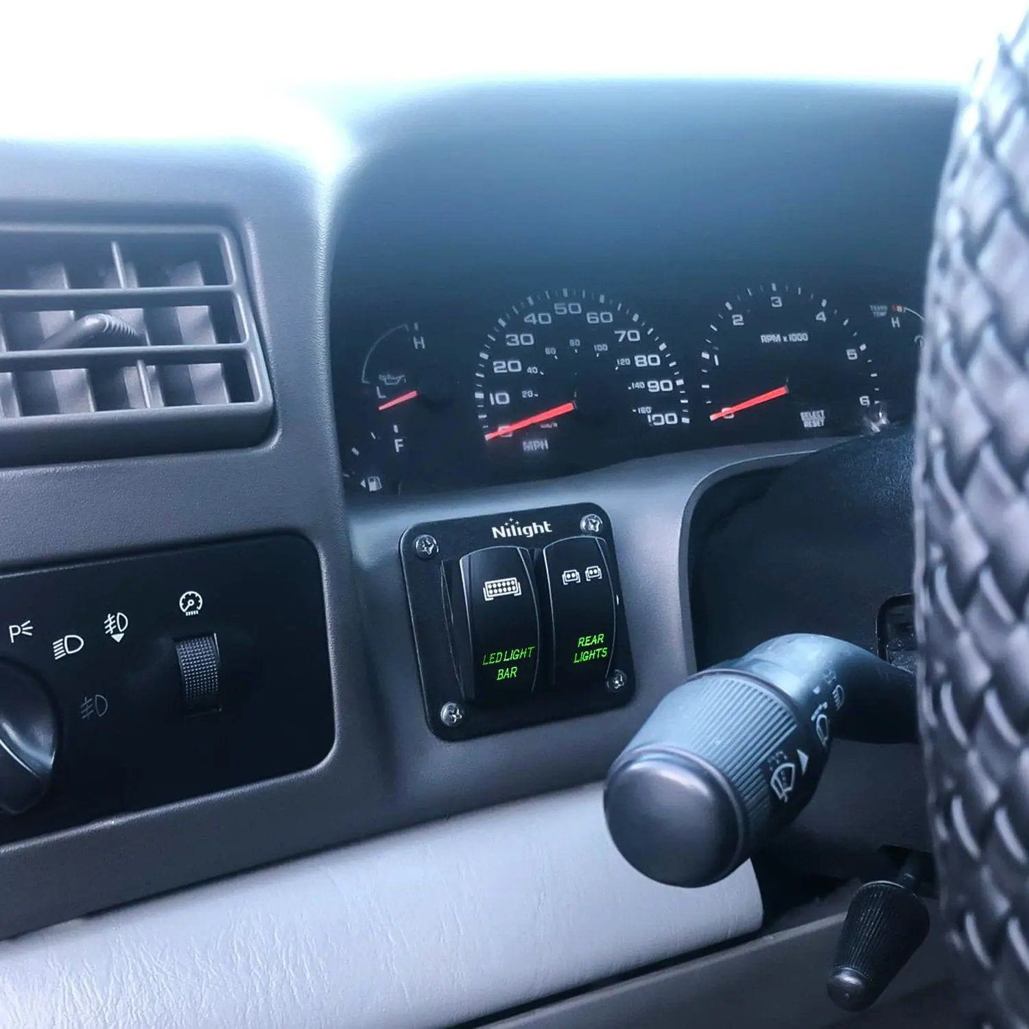 2 Gang LED Light Bar and Rear Lights 5-Pin ON/OFF Rocker Switch Panel with Green Illumination - Perfect for Off-Road Vehicles, Boats, and Marine Applications
