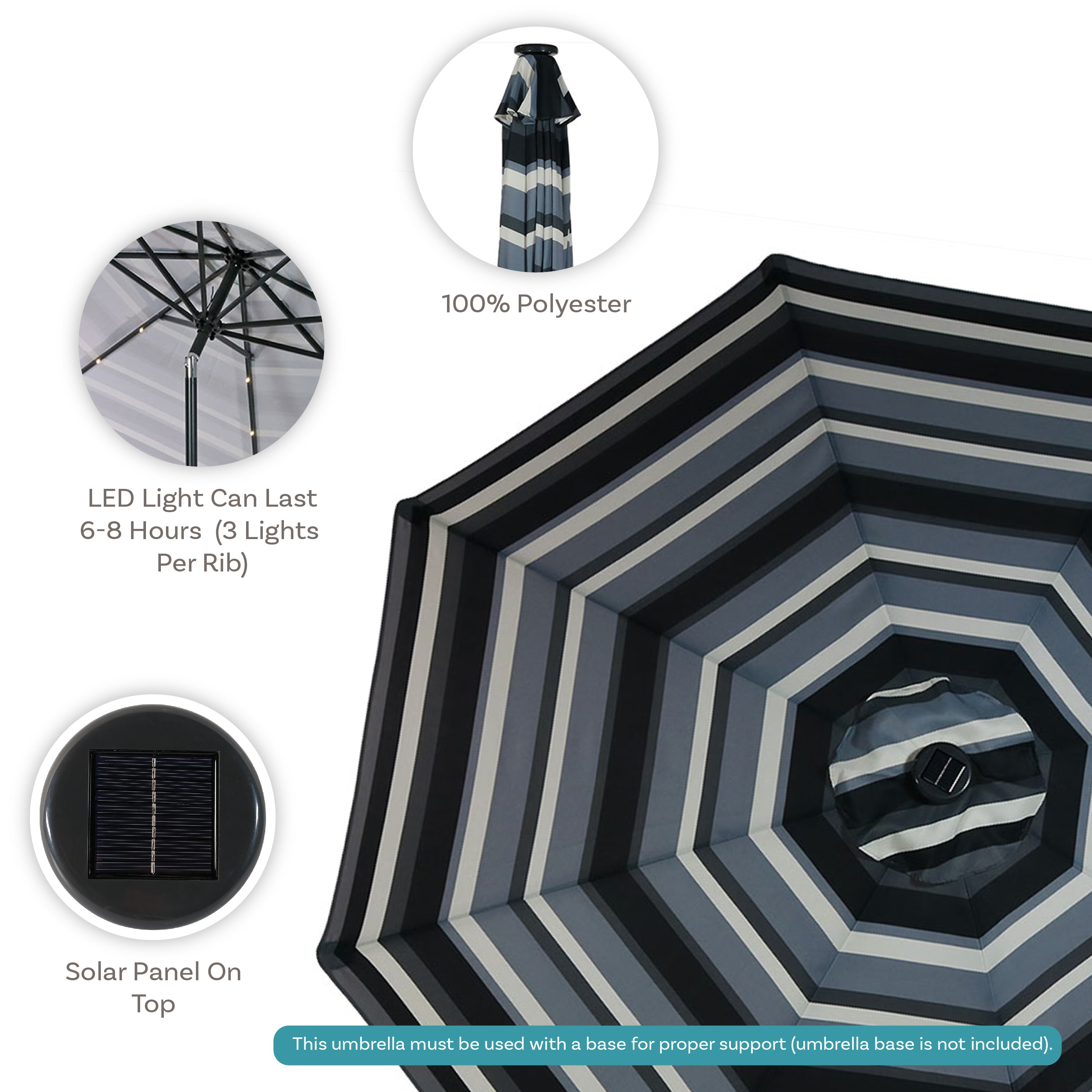Sunnydaze 9-Foot Striped Outdoor Patio Umbrella with Built-in Solar LED Lights - Perfect for Backyard, Poolside, and Beach Relaxation