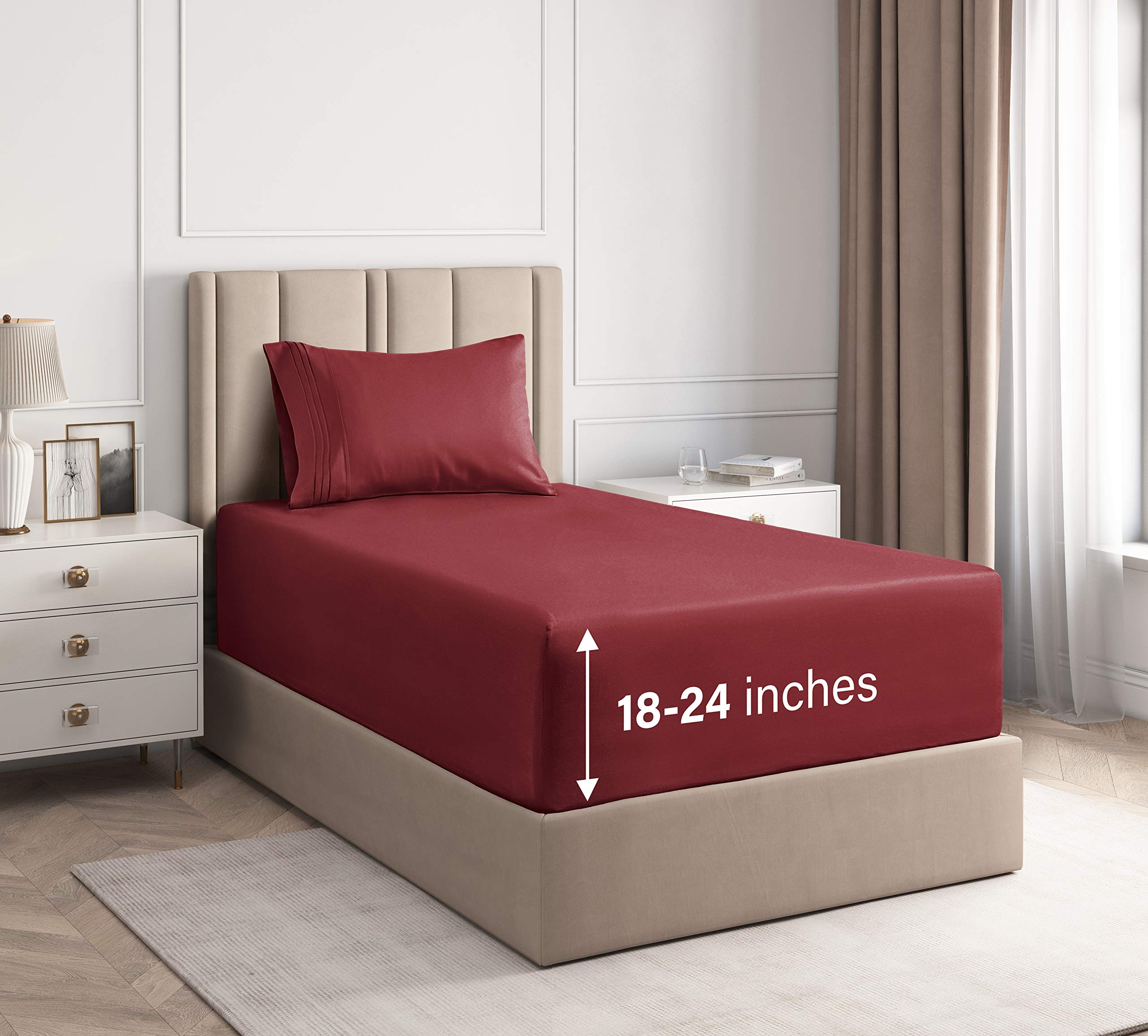400 Thread Count 100% Cotton Twin Size Sheet Set - 3 Piece Extra Deep Pocket Fitted Sheets for Comfort & Durability - Crisp Cotton Bedding (Twin, Burgundy) - Perfect for Guest Rooms, Dorms & Cozy Bedrooms