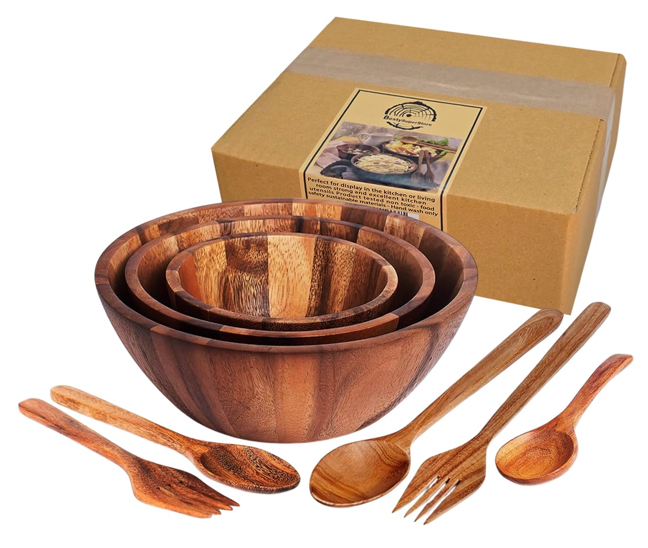 Premium Acacia Wood Nesting Bowl Set - 3 Sizes (9.5