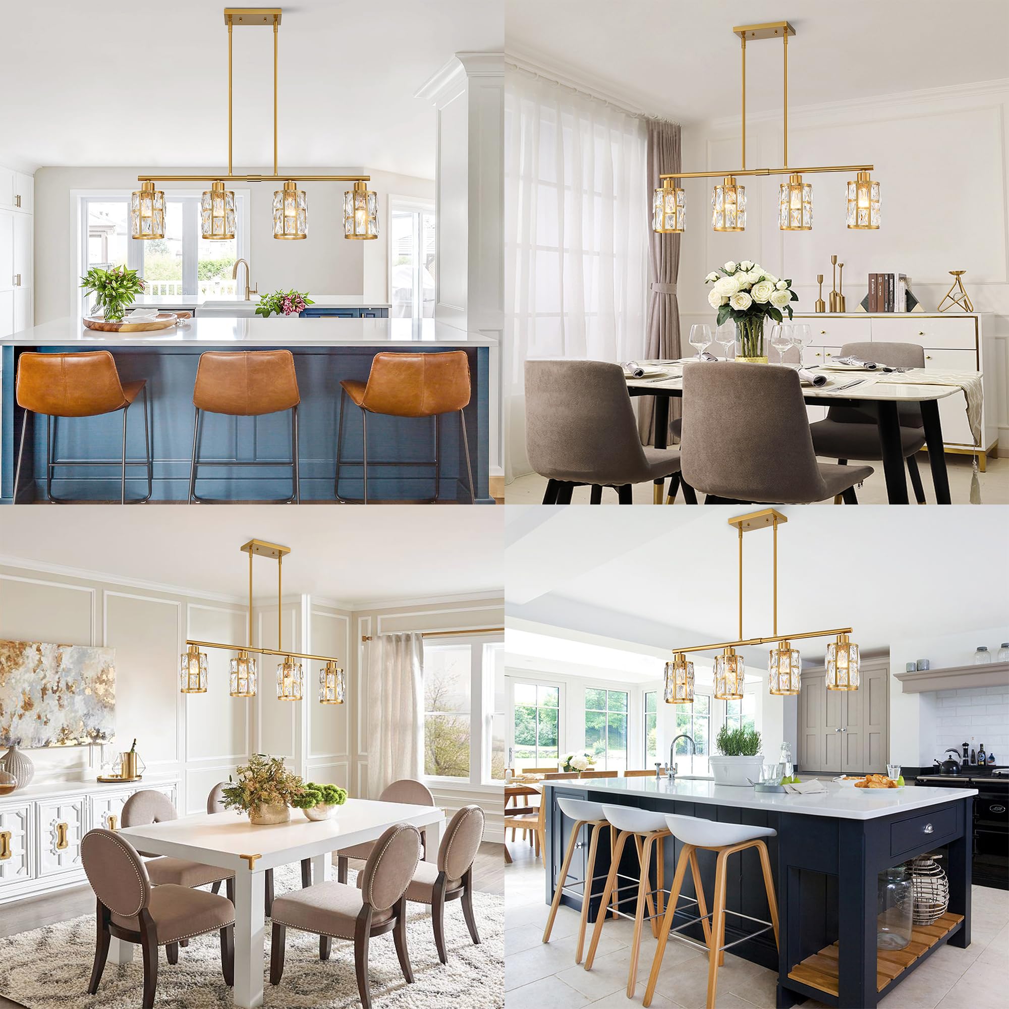 MEXO Gold Crystal Pendant Light Fixture - Farmhouse Chandelier for Kitchen Island, Dining Room, Close to Ceiling Lighting Over Table (10068-GD) | Perfect for Modern Farmhouse Decor, Breakfast Nooks & Open Concept Dining Areas
