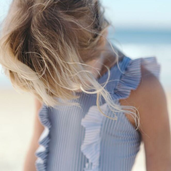 Navy Striped Ruffle One-Piece Romper for Girls - Perfect for Playdates, Parties, and Summer Outfits