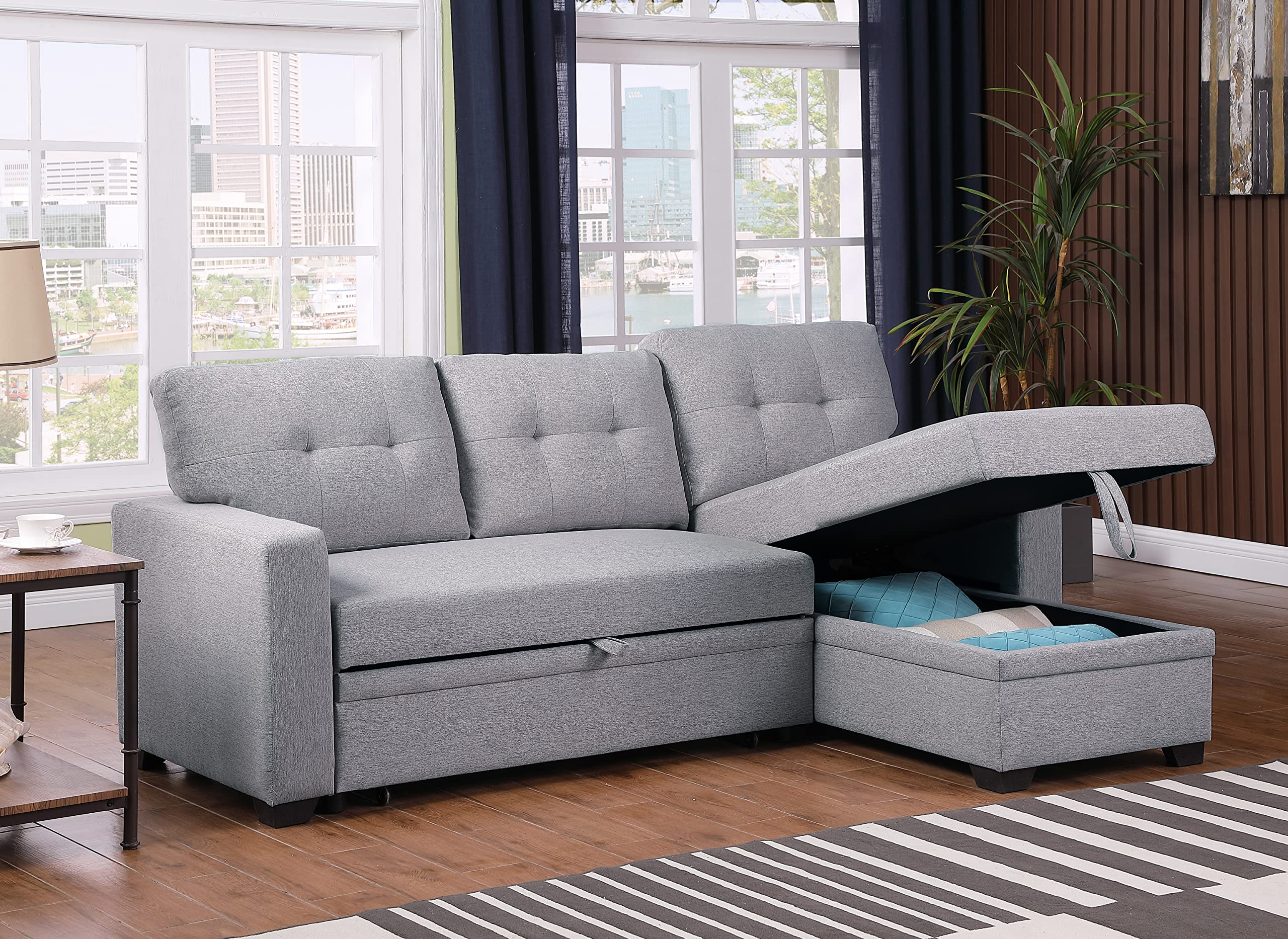 Devion Furniture L-Shape Sleeper Sectional Sofa with Linen Fabric - Convertible Sofa Bed for Living Room, Apartment & Dorm - Light Gray | Perfect for Small Spaces, Guest Rooms & Studio Apartments