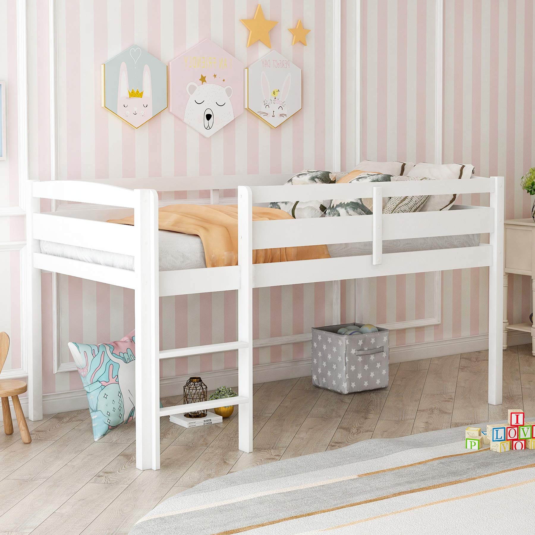 P PURLOVE Twin Loft Bed with Ladder - Sturdy Wood Low Loft Bed Frame for Kids & Teens - No Box Spring Needed - White - Perfect for Small Bedrooms, Dorm Rooms & Space-Saving Kids' Rooms