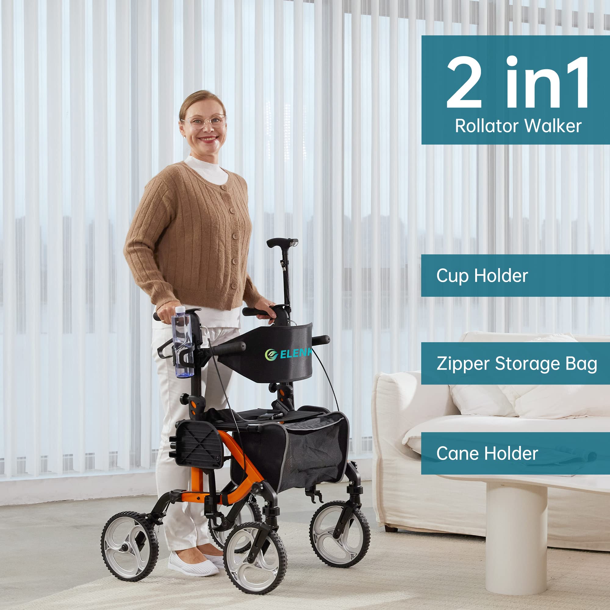 ELENKER 2 in 1 Rollator Walker & Transport Chair - Folding Wheelchair with 10