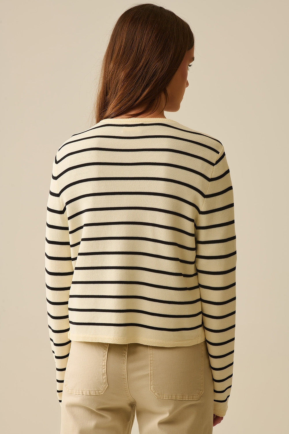 Black Striped Cream Cardigan with Gold Buttons - Cozy Knit Sweater for Women, Perfect for Fall & Winter Layering, Office Wear, and Casual Outfits