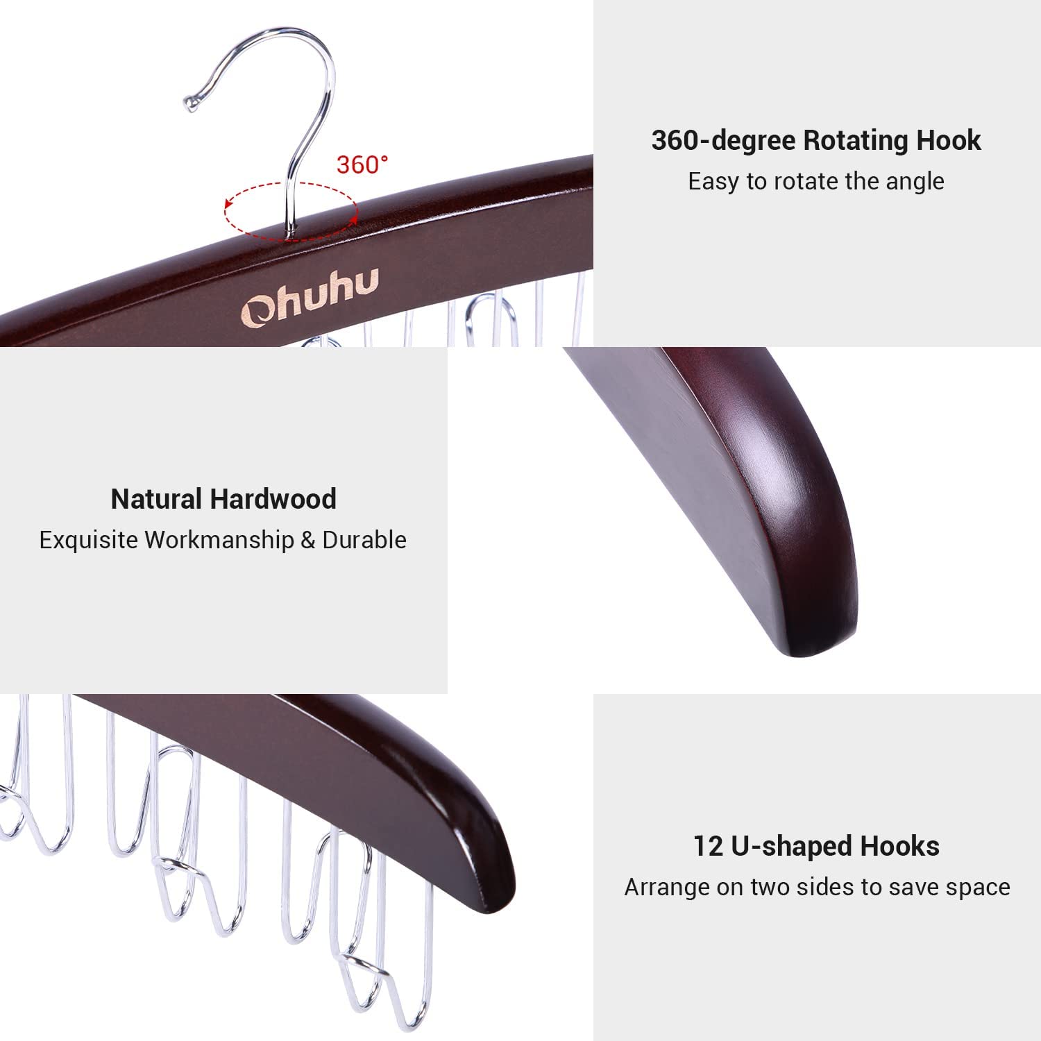 Ohuhu 360 Degree Rotating Belt & Tie Organizer - 12 Hook Wooden Closet Storage Rack for Belts, Neckties & Bow Ties - Space Saving Swivel Hanger for Bedroom, Closet & Dorm Organization