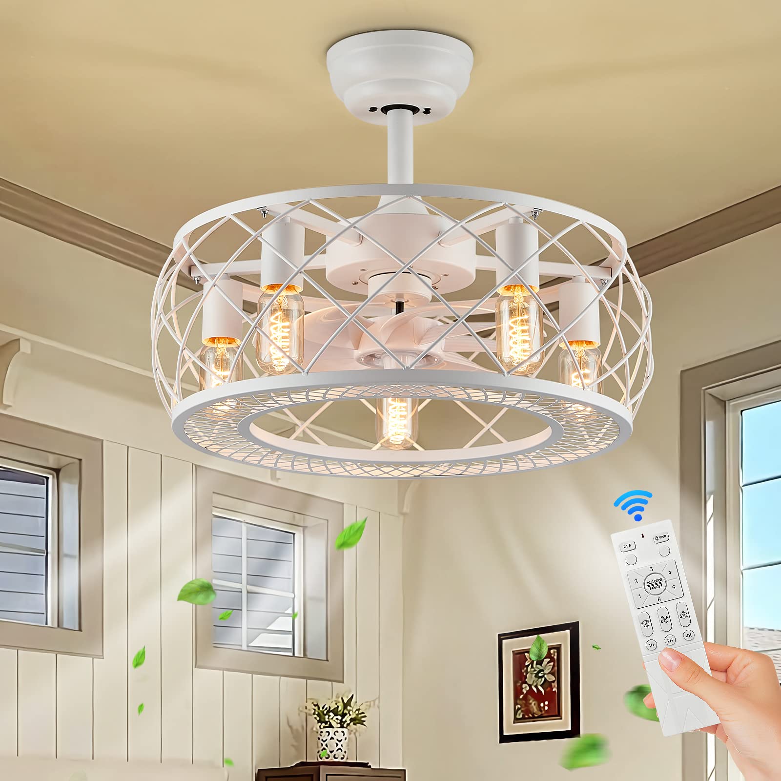 Modern White Caged Ceiling Fan with Light & Remote Control - Bladless Ceiling Fan Fixture for Bedroom, Living Room, Kitchen & Dining Room | Energy Efficient Cooling & Stylish Lighting for Home & Office Spaces