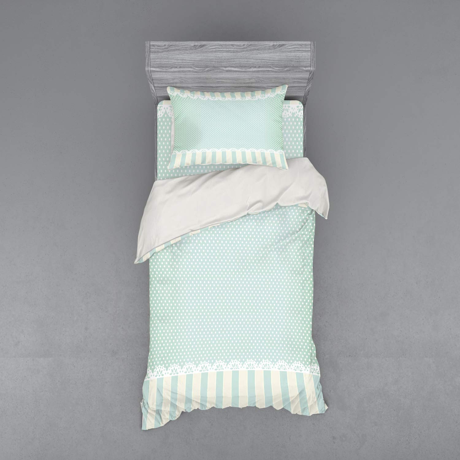 Ambesonne Shabby Floral Duvet Cover Set - Vintage Vertical Stripes with Ornaments & Dots - 3 Piece Bedding Set Includes Sham & Fitted Sheet - Twin Size in Almond Green Cream White - Perfect for Boho Chic & Farmhouse Bedroom Decor