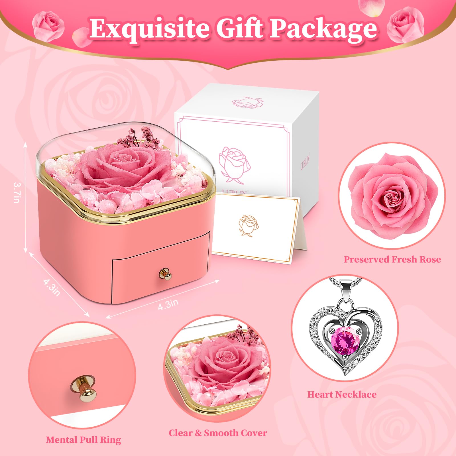 LURLIN Preserved Rose Gift Box with Necklace - Eternal Birthday, Anniversary, Mother's Day Gift for Women, Mom, Wife, Grandma, Teacher, Nurse | Perfect for Special Occasions & Home Decor