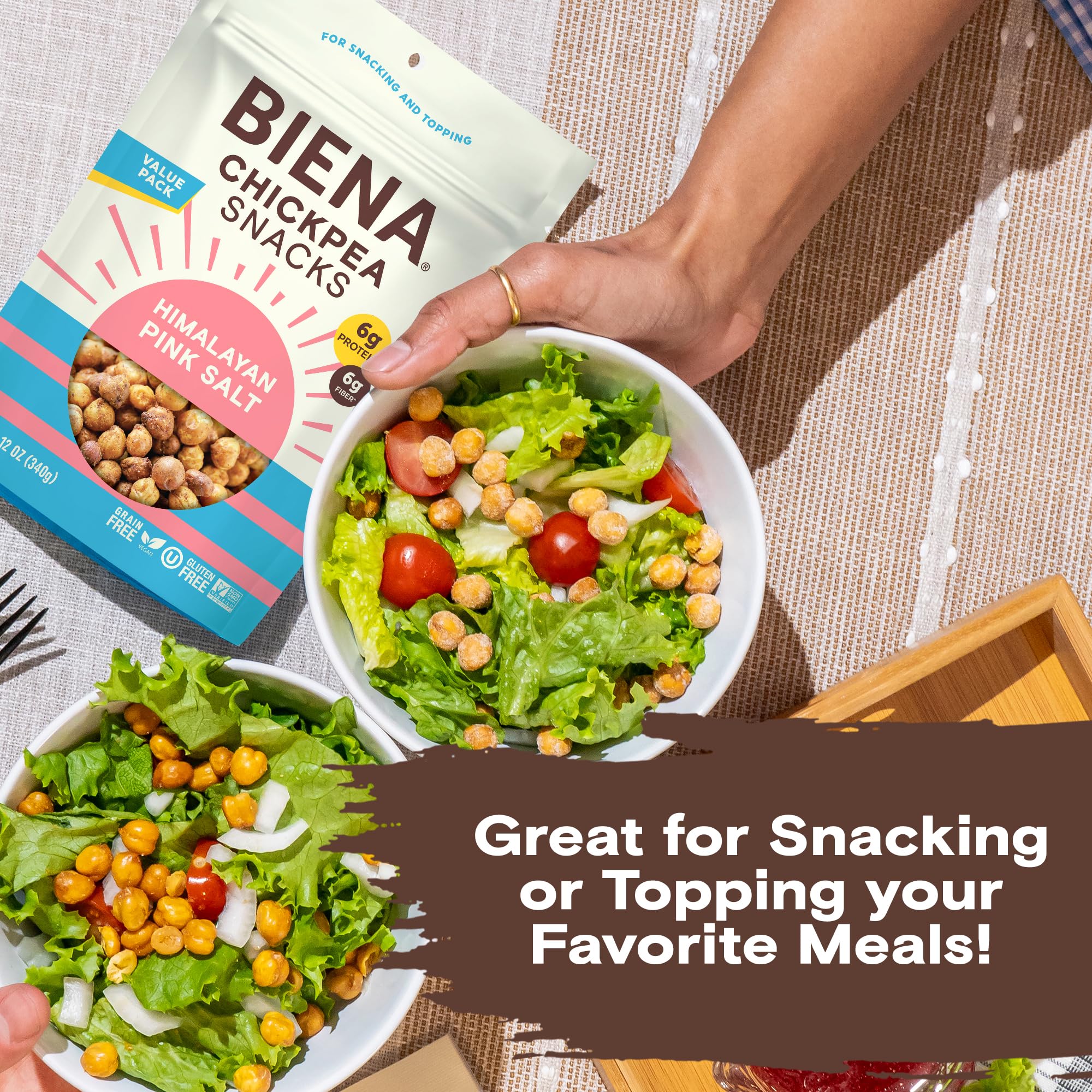 BIENA Crunchy Roasted Chickpea Snacks - High Fiber Vegan Protein Snacks for Adults & Kids - Himalayan Pink Salt - Healthy On-the-Go Snack for Work, School & Travel
