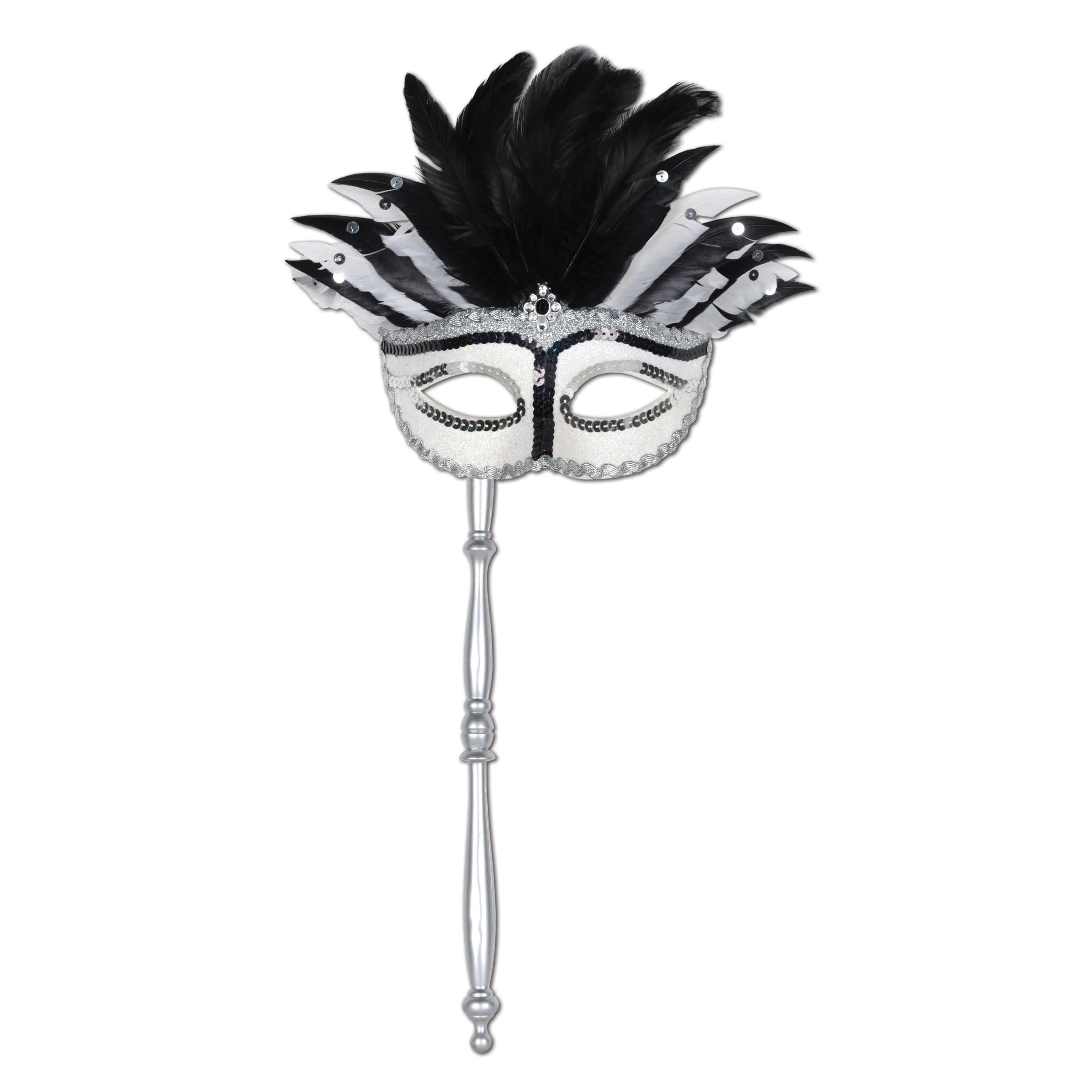 12 Pack Beistle Glittered Feather Mardi Gras Costume Masks with Sticks - Perfect for Carnival Parties, Halloween Costumes & Festive Celebrations