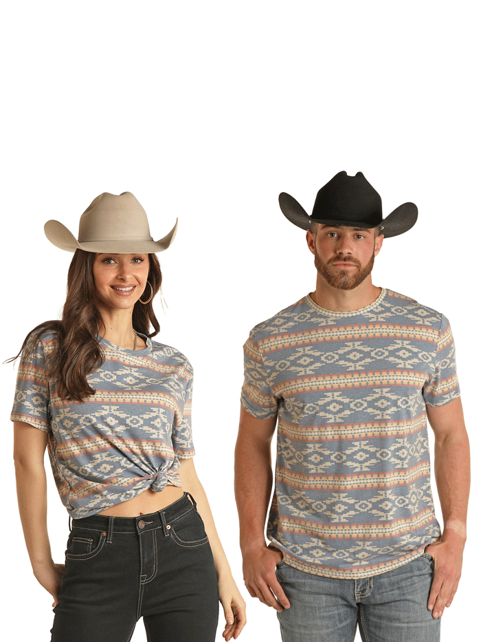 Rock & Roll Denim BU21T03021 Unisex Aztec Print T-Shirt - Light Blue Vintage Style Cotton Tee for Men & Women | Perfect for Music Festivals, Concerts & Casual Wear
