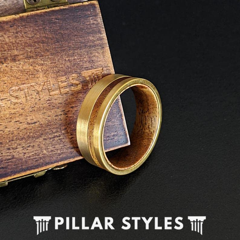 14K Gold Tungsten & Koa Wood Men's Wedding Band - Comfort Fit Viking Ring with Golden Brushed Finish - Perfect for Weddings, Anniversaries & Unique Gifts