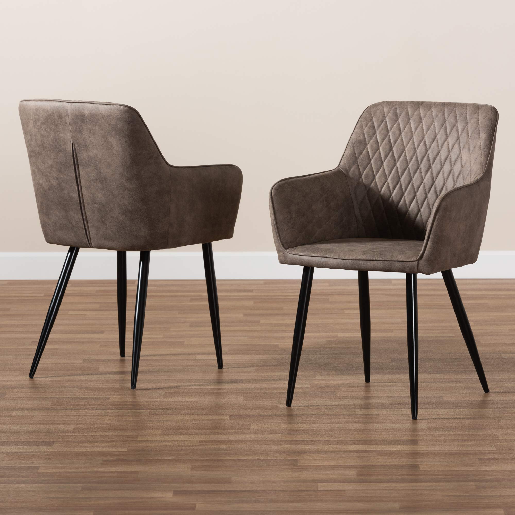 Baxton Studio Belen 2-Piece Metal Dining Chair Set - Grey & Brown Faux Leather Upholstered Chairs for Kitchen, Dining Room & Office | Modern Comfort Seating