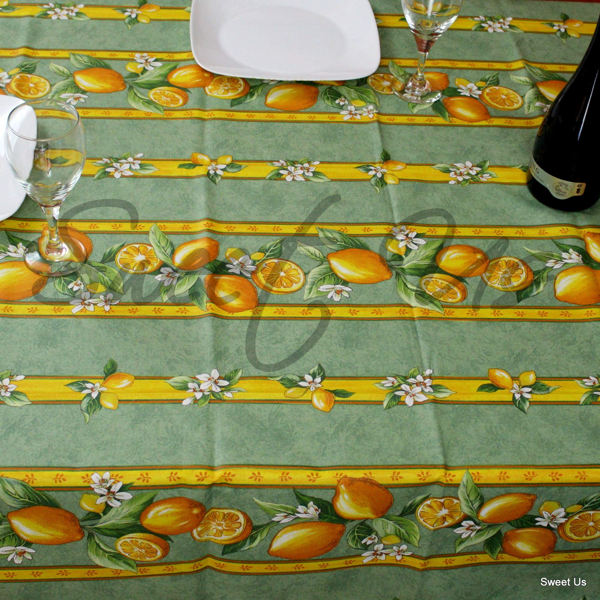 La Cigale Citron Wipeable Spill-Resistant Acrylic Coated Floral Cotton French Provencal Tablecloth - 60 x 116 Inch Green - Perfect for Indoor Dining, Outdoor Picnics & French Country Decor