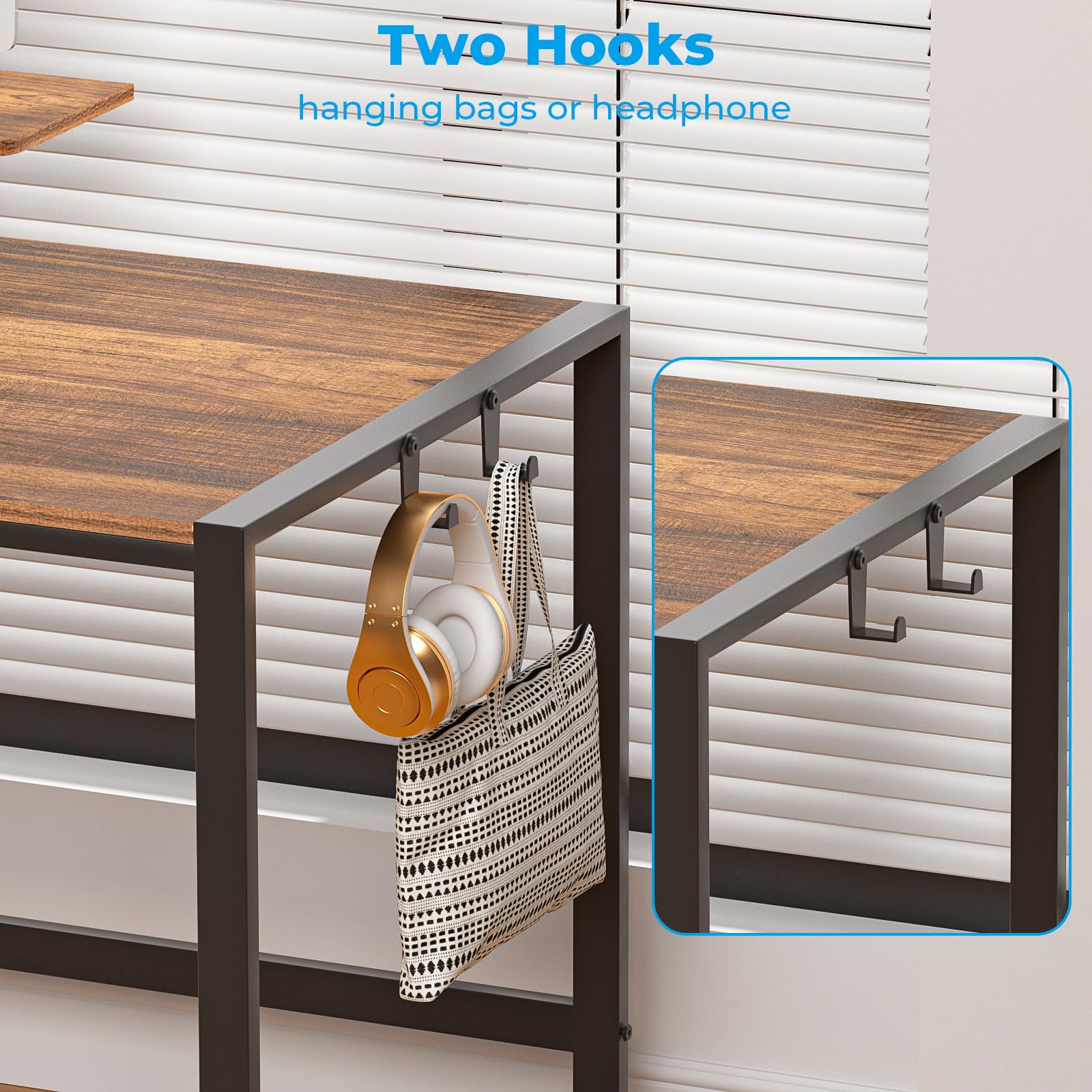 GreenForest 58 Inch Computer Desk with Printer Shelf & Monitor Stand - Reversible Office Desk with 2 Hooks, Sturdy Home Workstation for Study, Writing, Working & Gaming - Perfect for Small Spaces & Home Offices (Brown)