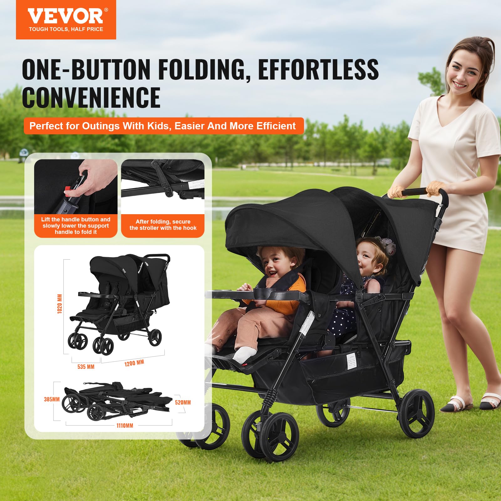 VEVOR Double Stroller for Toddlers - Lightweight Side by Side Baby Stroller with Canopy, Adjustable Seats & Storage Basket - Perfect for Twins, Siblings or Daycare Use at Parks, Malls & Travel