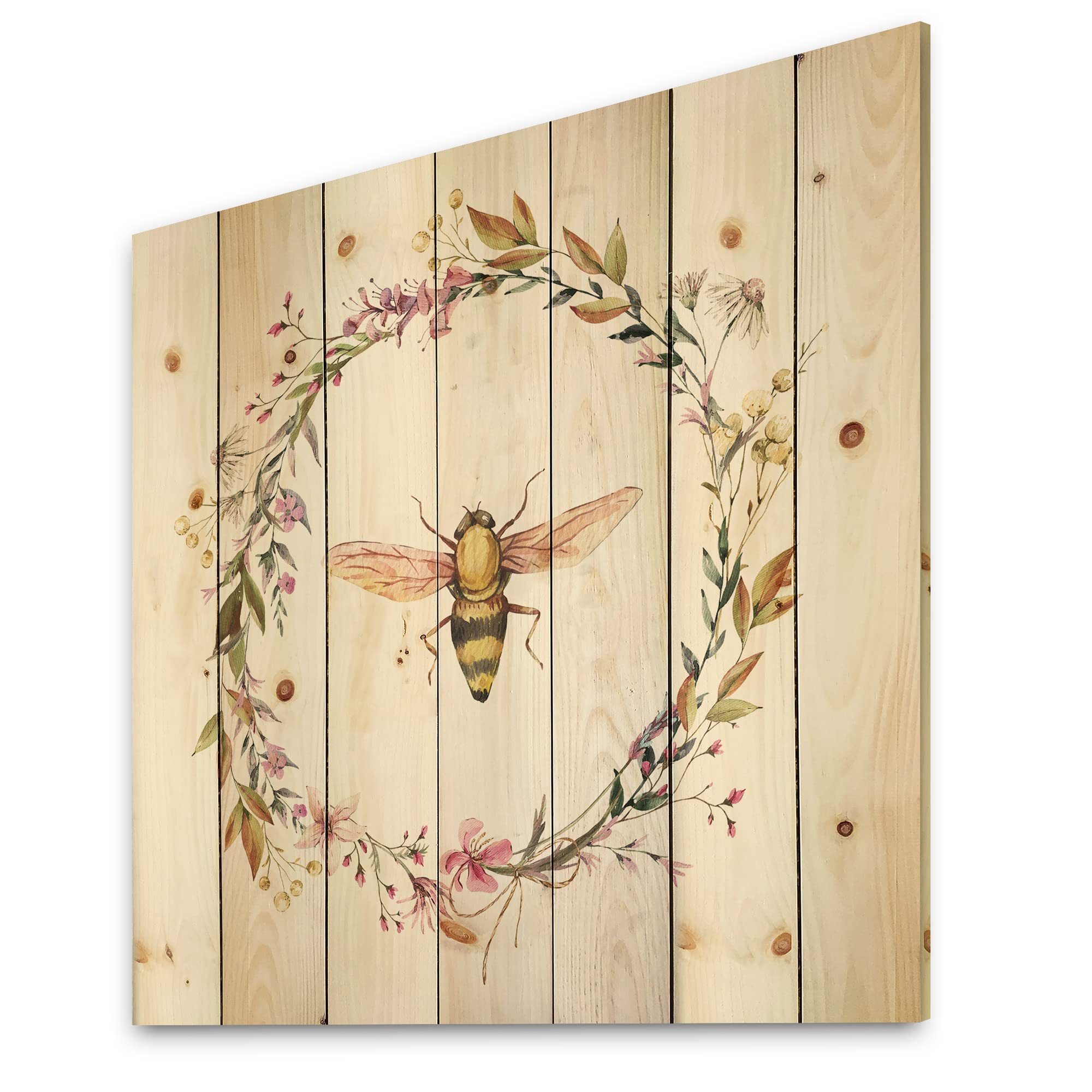 DesignQ Bee In Wildflowers Wreath Farmhouse Wood Wall Decor - White Wood Wall Art with Large Floral Print on Natural Pine - Perfect for Living Room, Bedroom & Home Office Decor