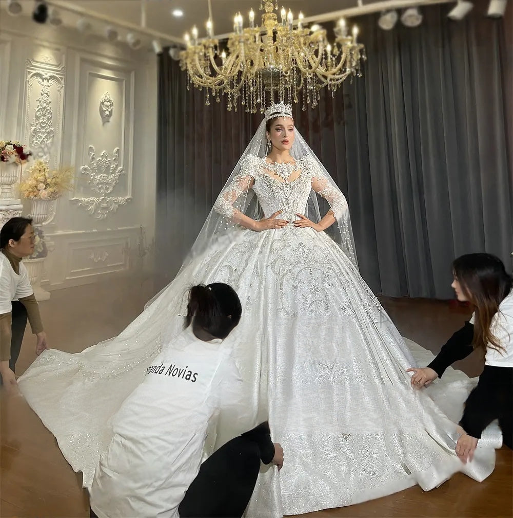 Empire Lace Appliquéd Crystal Wedding Dress with Luxurious Detailing - Elegant Bridal Gown for Church Ceremony, Beach Wedding & Formal Reception